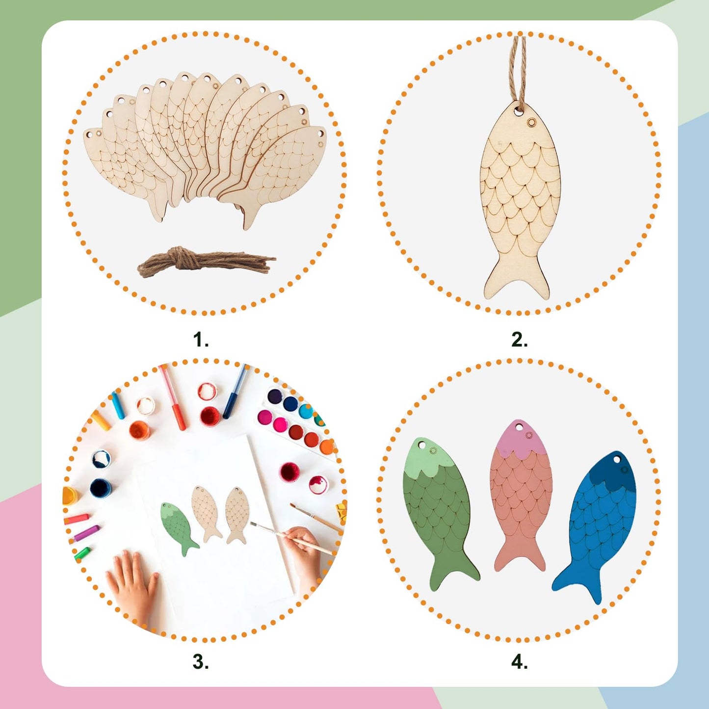 40 Pcs Fish Template Wood Cutouts Unfinished Wooden Ornaments Craft Slices to Paint Mini DIY Blank Wood Discs Ornament with Holes Rope for Home Crafts Hanging Decoration