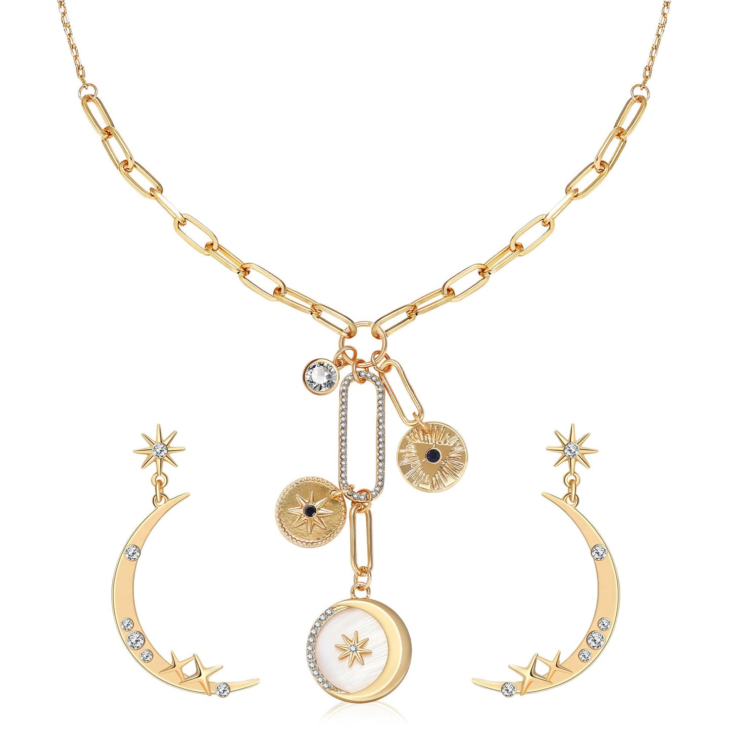 MISS RIGHT Charm Necklace for Women Star Moon Necklaces Earrings Jewelry Set, Crescent Moon Shell Charm Gold Paperclip Chain Necklace Moon Star Dangle Earrings Celestial Jewelry