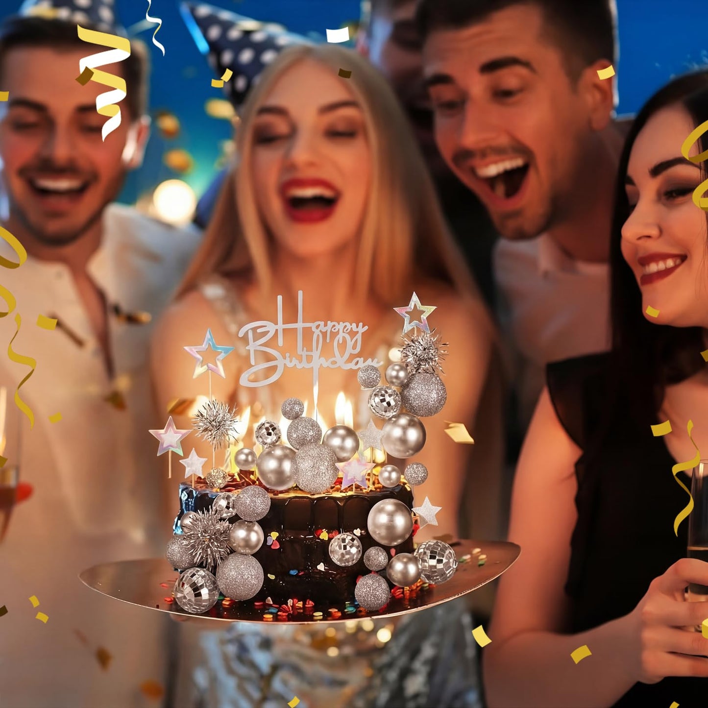 Teenyyou 57 Pcs Disco Cupcake Toppers Glitter Happy Birthday Cake Topper Cake Decorations Kits Disco Balls Star Tinsel Firework Cupcake Picks for Wedding Baby Shower Birthday Party Decor
