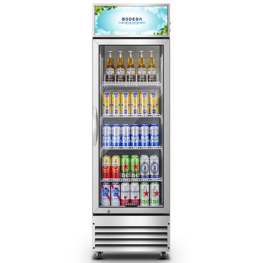 BODEGACOOLER Commercial Merchandiser Refrigerator, 9 Cu.Ft Glass Door Beverage Refrigerator, Upright Beverage Display Cooler with Soft LED Light, Adjustable Shelves, 4 Strong Castors(Stainless Steel)