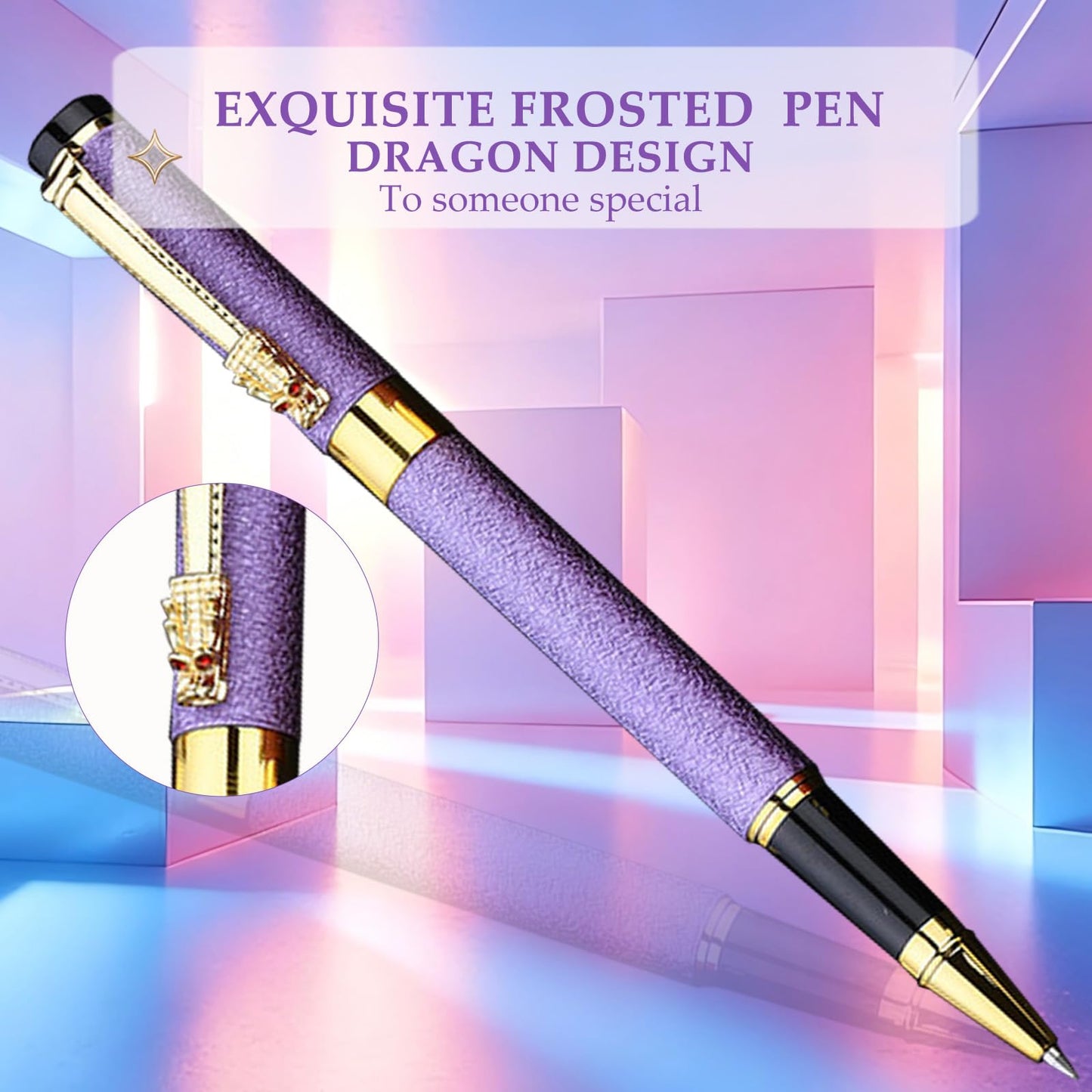 ZJEOSO Fancy Pens for Women, Nice Rollerball Pens with Dragon Design, Elegant Gift Pen, Office & Signature Writing Pen, Refillable Black Ink Business Pen (Purple)