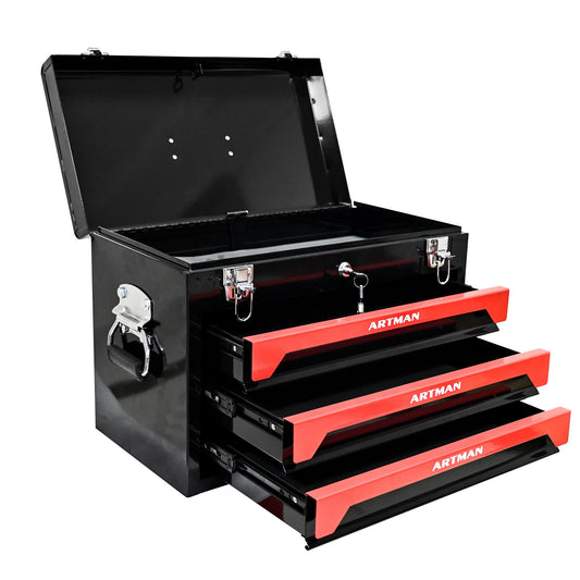 Mechanics Tool Box Organizer, Portable Tool Chest with 3 Drawers, Lockable Tool Storage Cabinet with Metal Latch Closure for Home, Garage, Warehouse, Repair Shop