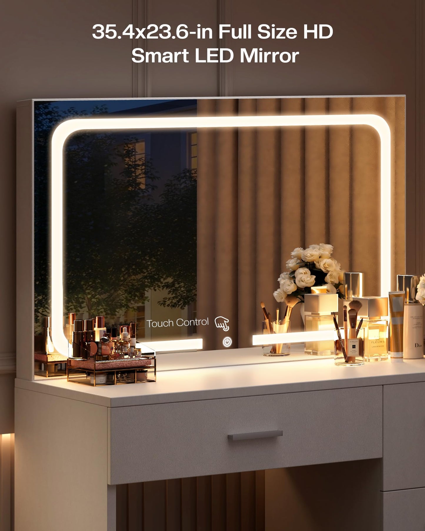 LIVELYGLOW Makeup Vanity Desk with Charging Station & LED Mirror – 35.4" Vanity Table with 4 Drawers, Hair Dryer Rack, & 3 Lighting Modes – Modern Bedroom Furniture (15.7"D x 35.4"W x 53.9"H), White