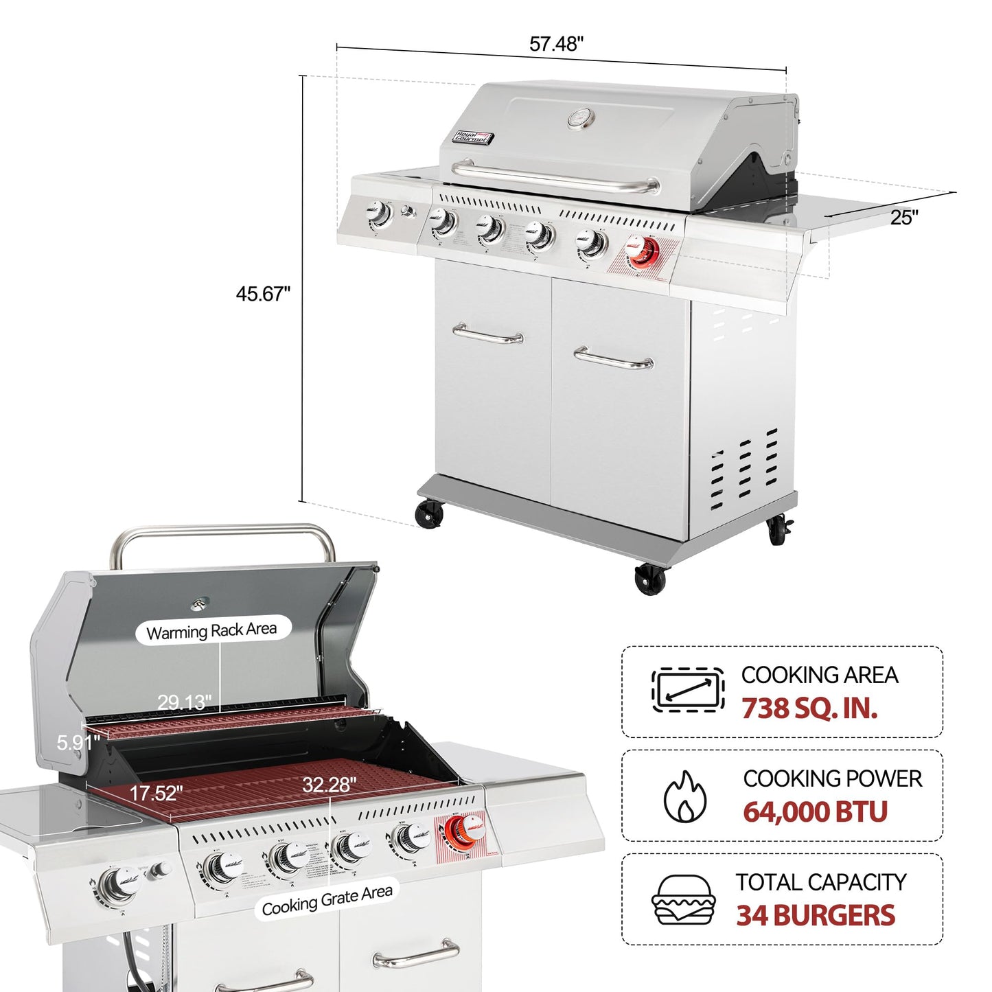 Royal Gourmet 5-Burner Propane Gas Grill with Side Burner, Stainless Steel Barbeque Grills, Silver, GA5404S