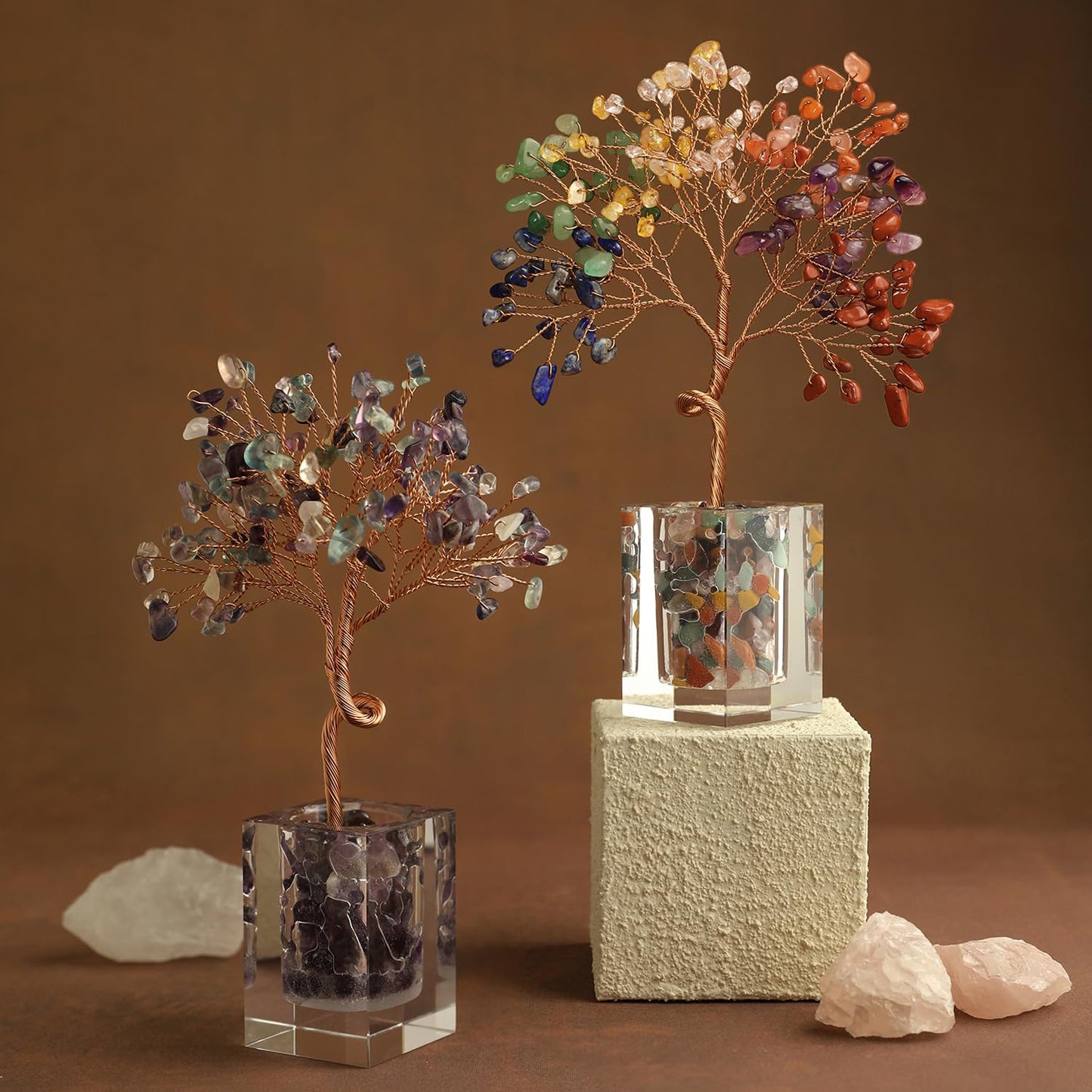 Fluorite Crystal Tree 6.5 Inch Handmade Gem Tree with 147 Stones Office Home Room Decor, Healing Energy Plant for Desk, Gift for Women and Men, Spiritual Meditation Decor