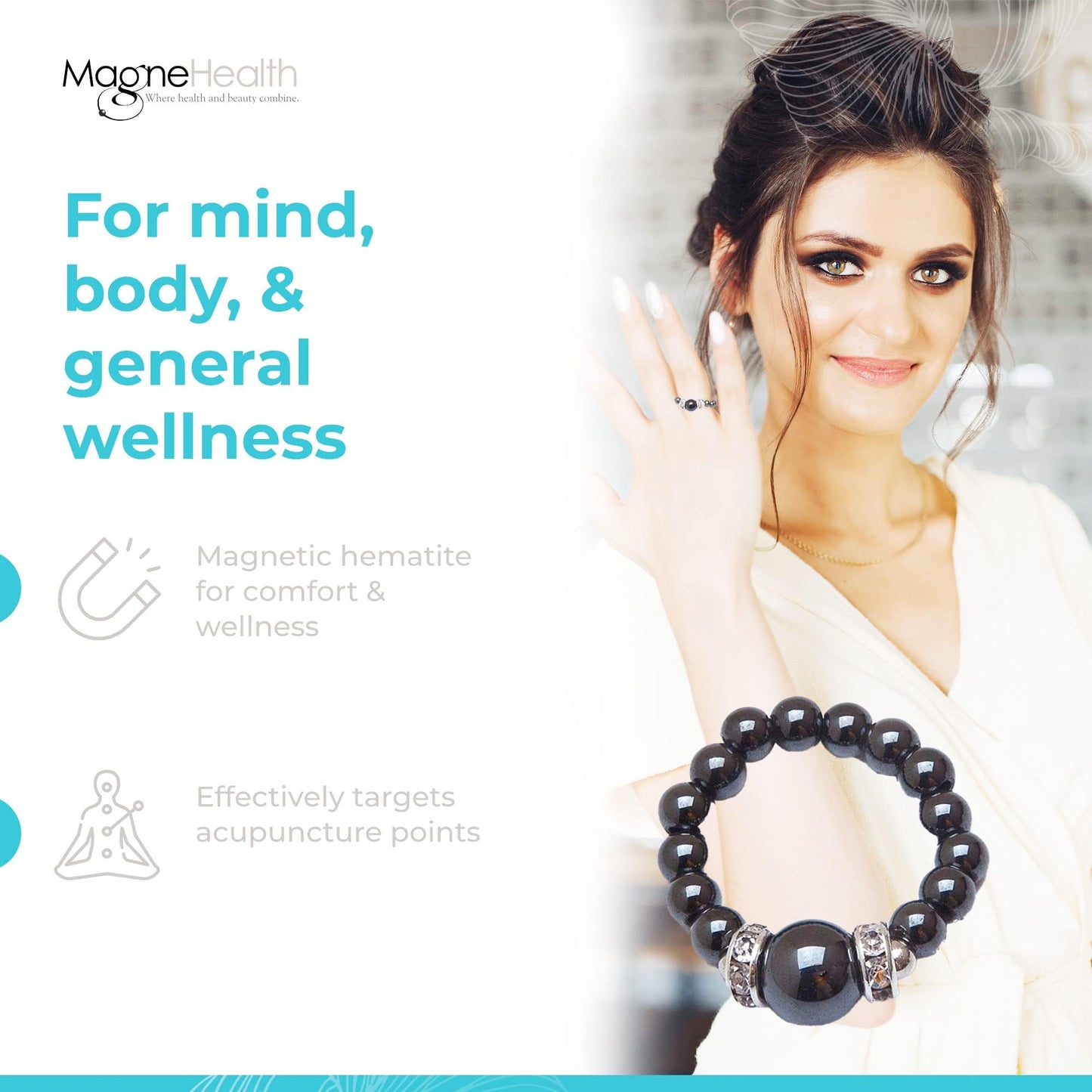 MAGNEHEALTH Black Magnetic Hematite Stretch Ring - Beaded Rings & Stretch Rings For Women, Finger Rings For Women, Aesthetic Rings & Magnet Rings For Acupressure Points - Small Ring Size, 6-7