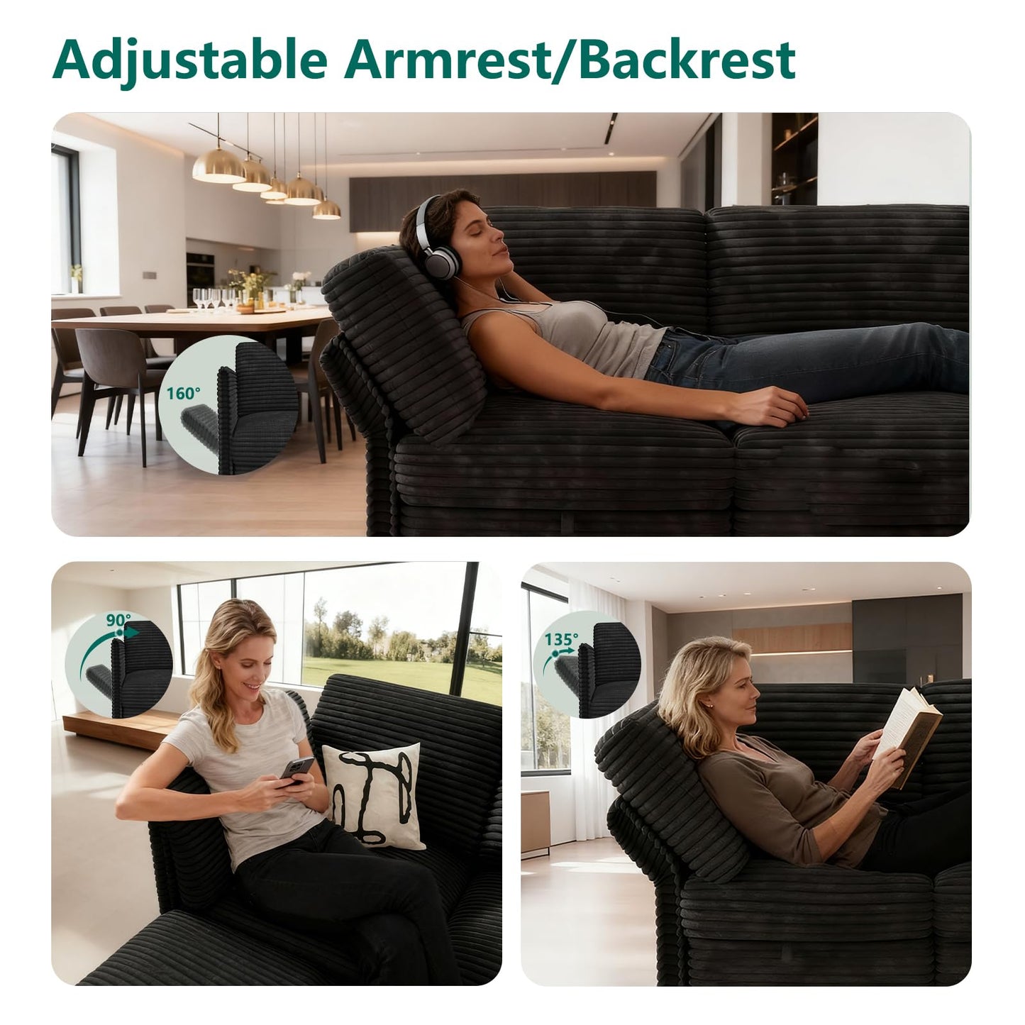OhaiAura Modular Sectional Sofa with Adjustable Backrest, Convertible L/U-Shaped Sleeper Couch for Living Room, Cloud Sofa Bed Modern Reversible Design, Black