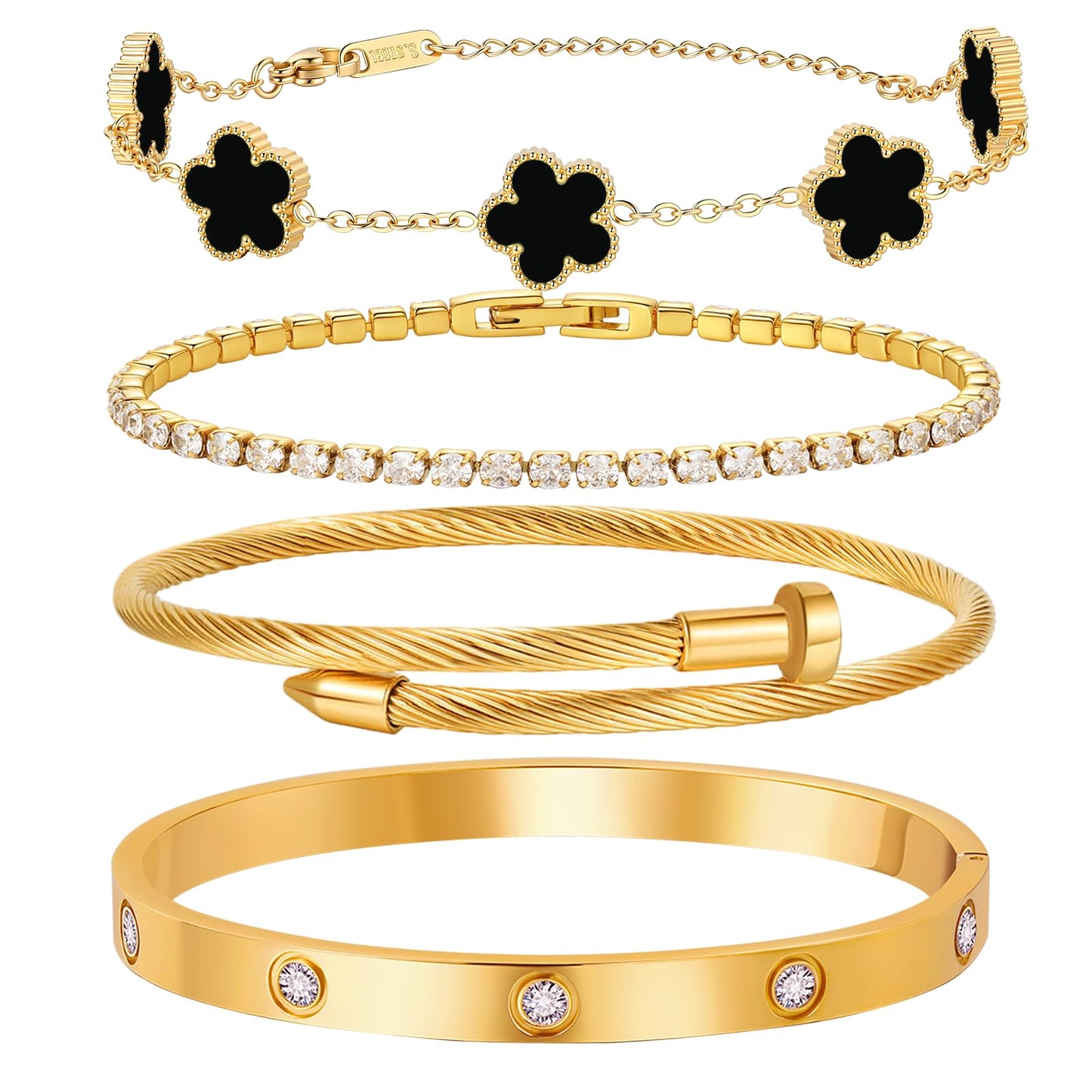 MVCOLEDY 18 K Gold Plated Love Bracelet Stack for Women 4-Piece Bracelet Shell Floral Clover Chain, Tennis Chain and Crystal Gold Bangle, Love Bracelet Design Gift Jewelry for Valentines Day