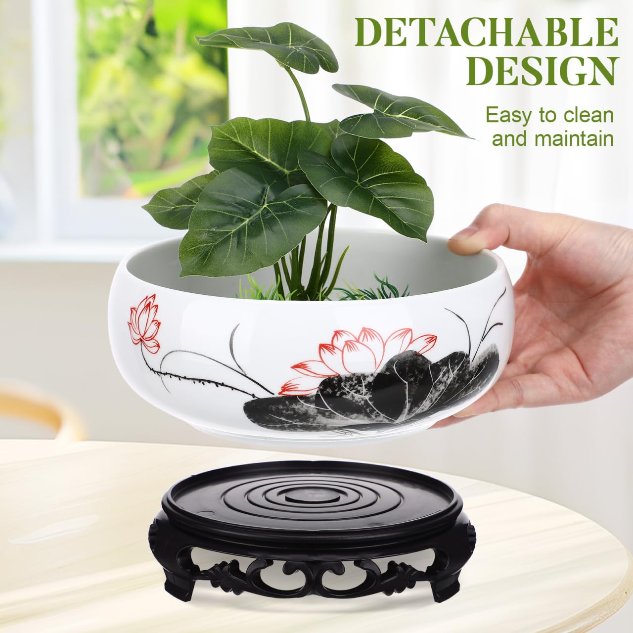 Yardwe Ceramic Hydroponic Planter Pot with Plastic Base, 7.08 Inch Round White Ceramic Lotus Bowl for Indoor Plants, Water Lily, and Home Decoration