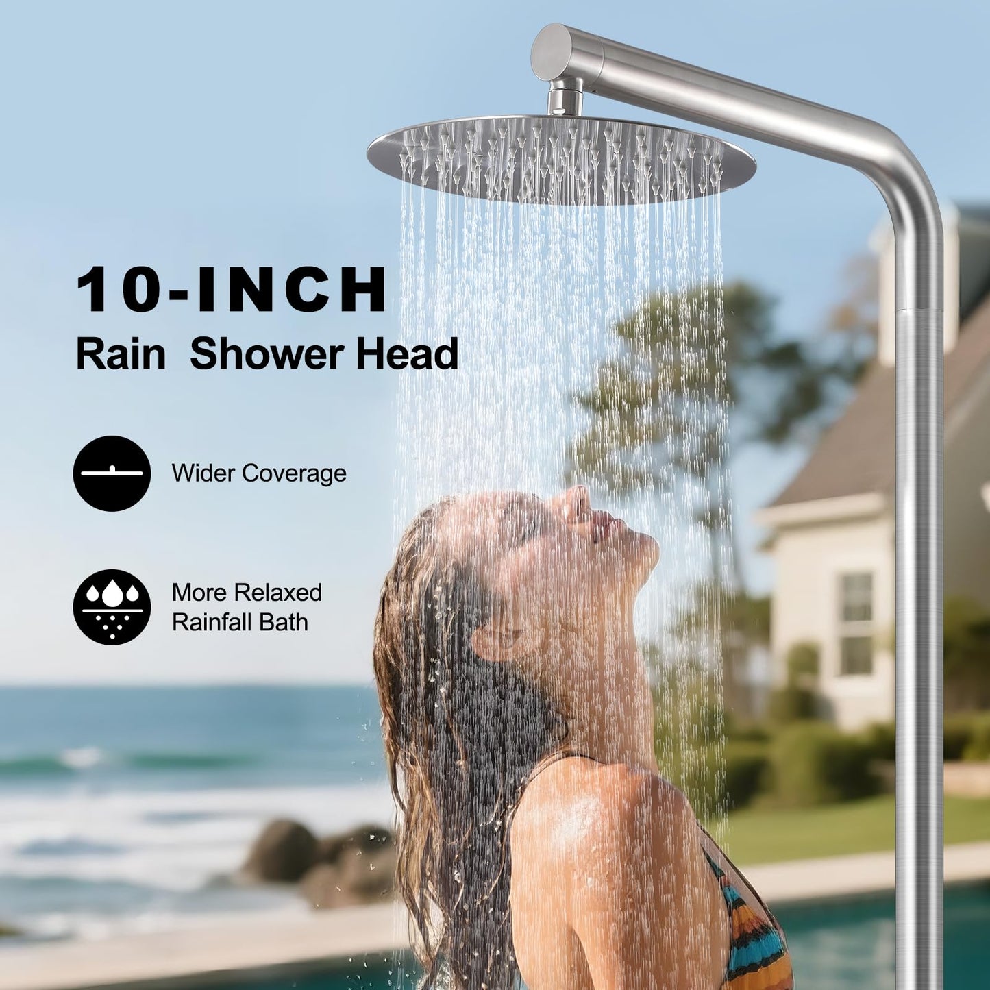 RBROHANT Freestanding Outdoor Shower, 316 Marine Grade Stainless Steel Beach Shower, Free Standing Hot and Cold Water Pool Shower with 10’’ Rain Shower Head and Handheld, Brushed Nickel, Floor Mounted