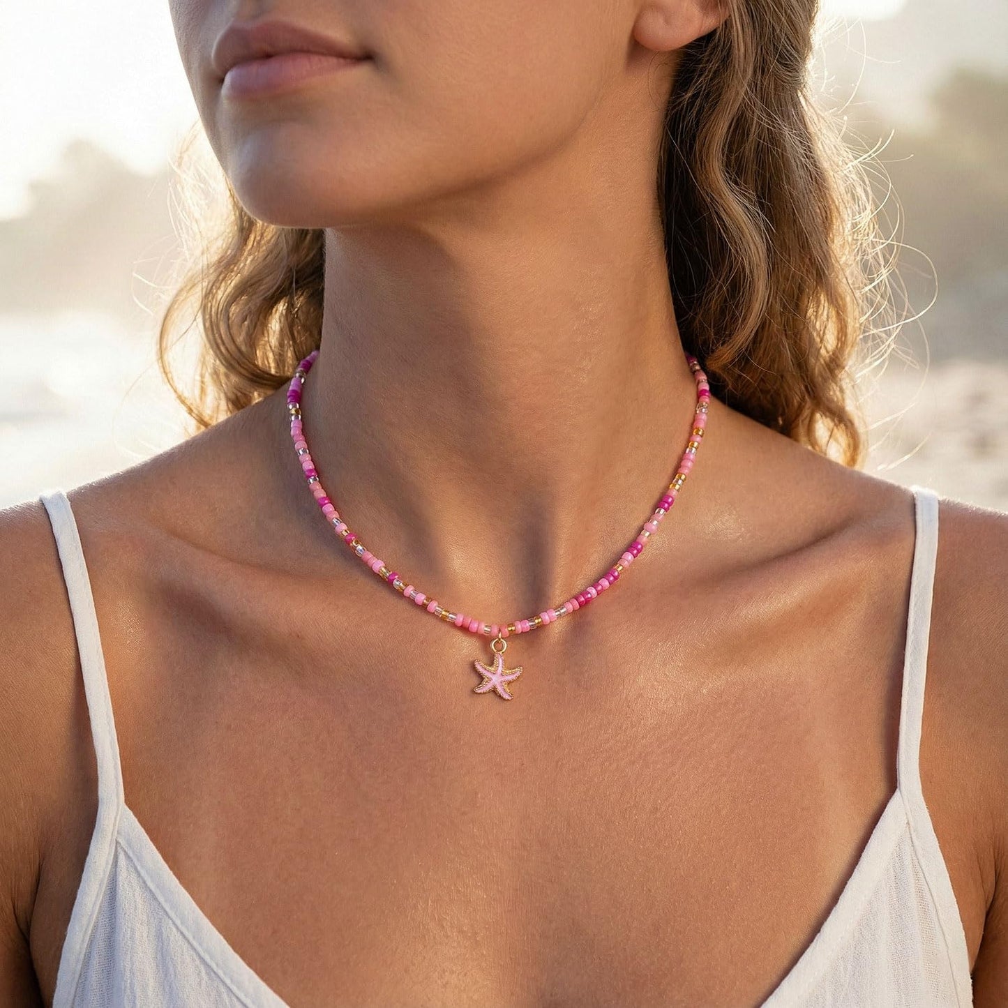 Lameybrt Cowrie Shell Surfer Necklaces, Hawaiian Beach Handmade Choker Set for Women, White Rice Bead with Black Accents, Bohemian Summer Seashell Choker 2 Piece Set, Perfect for Summer Beach Vacation, Birthday, Mother’s Day & Holiday Gifts (Shell 15 Pink