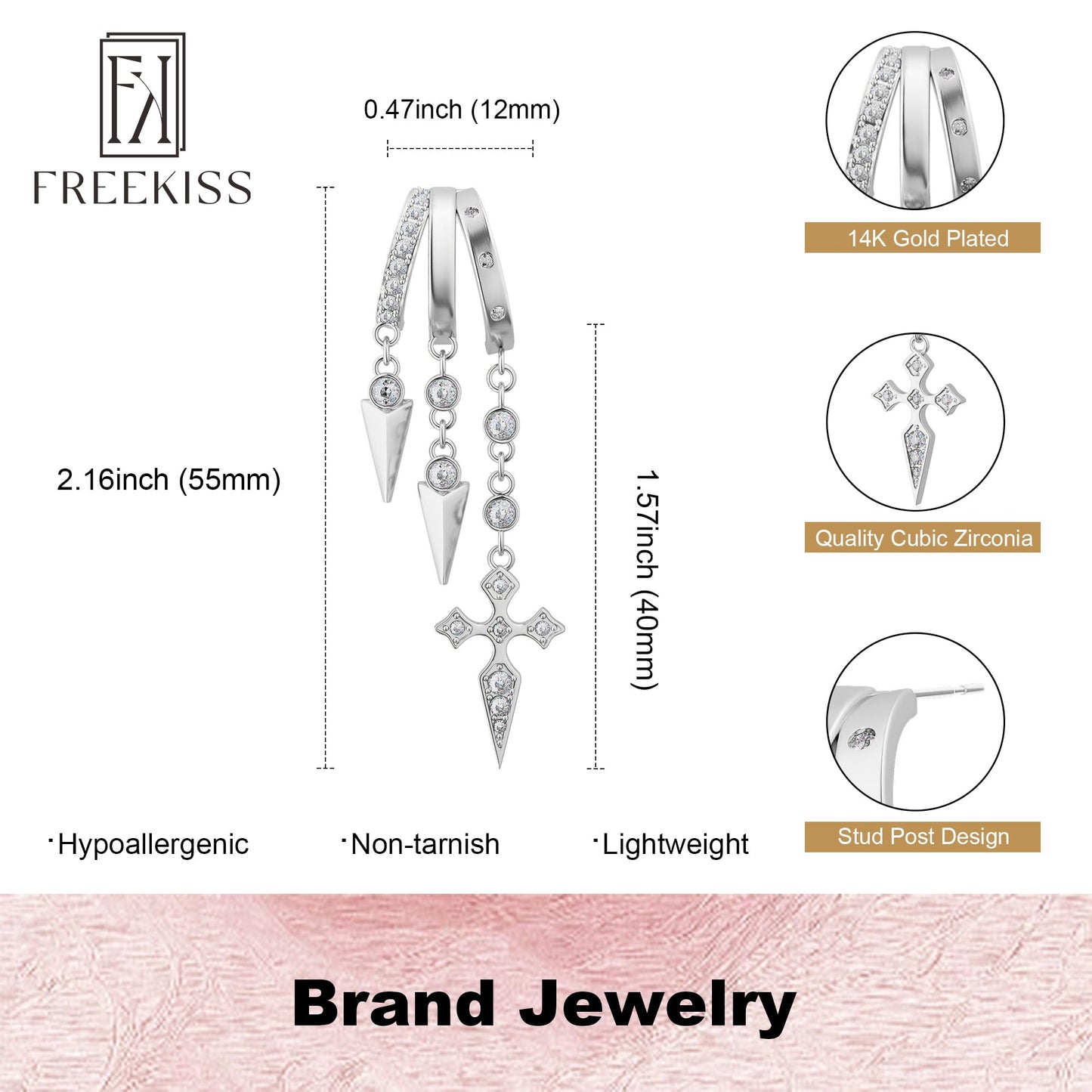 Freekiss Sterling Silver Cross Dangle Earrings for Women, 3 Hoop Illusion Huggie Drop Earring Set with Zircon, Silver Plated Hypoallergenic Stud Earrings Gothic Jewelry for Women