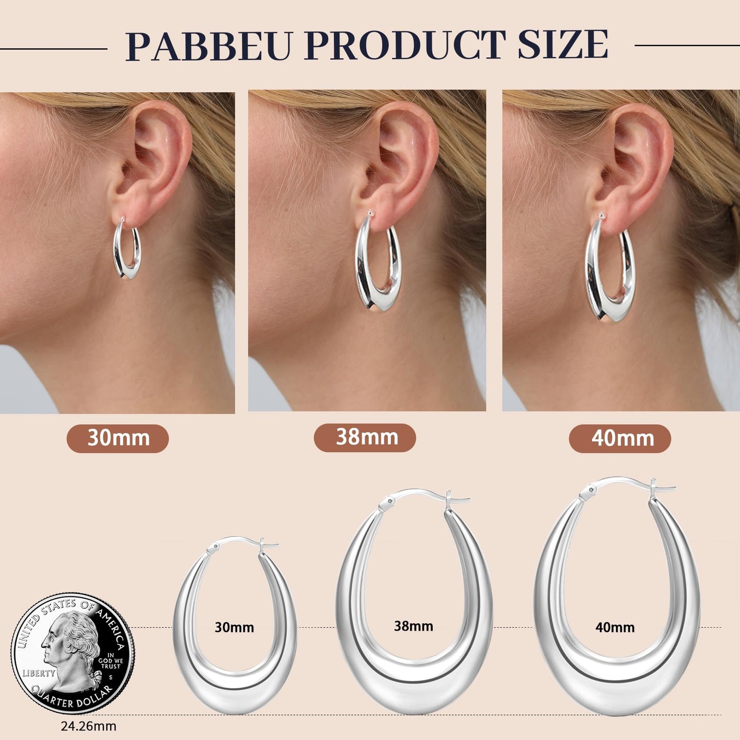 PABBEU Sterling Silver Chunky Oval Hoop Earring, 38mm, 925 Metal Type, Hypoallergenic, for Women