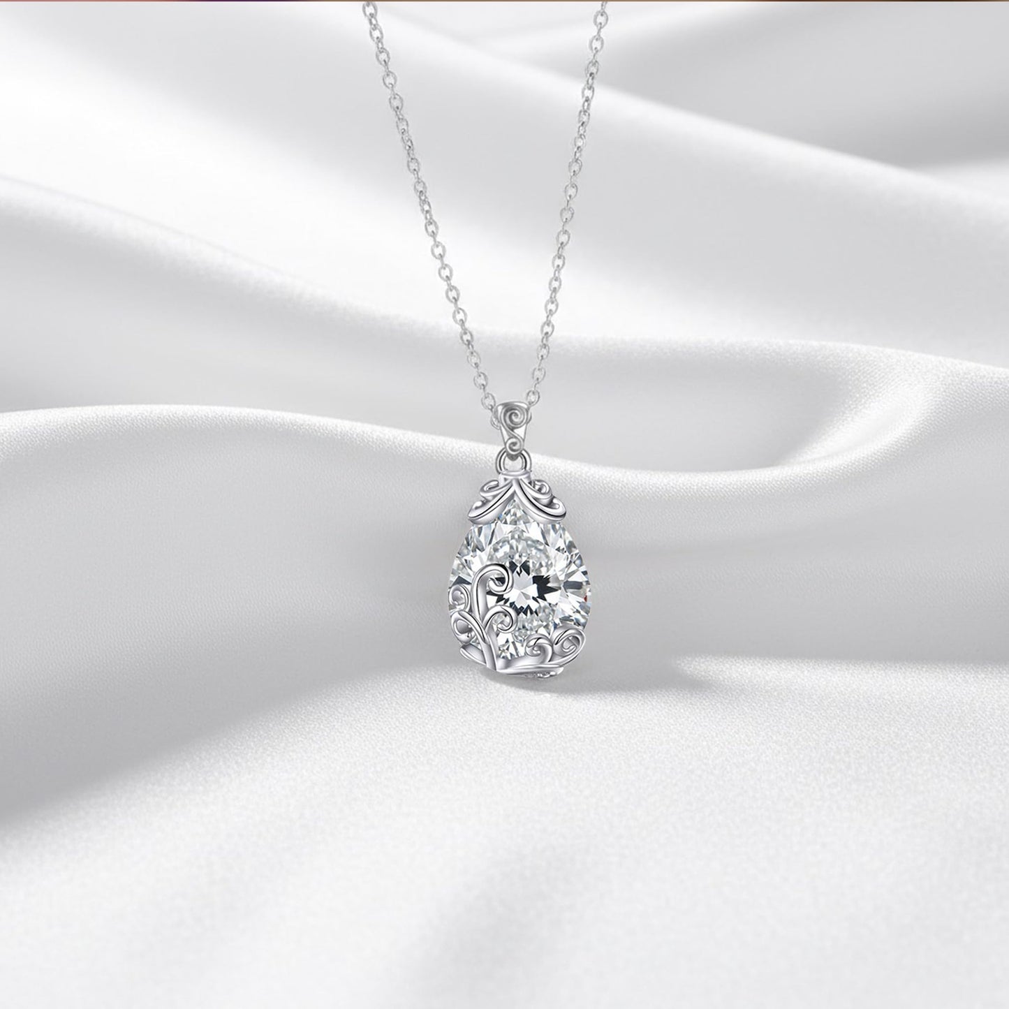 POPLYKE Sterling Silver Birthstone Filigree Teardrop Necklace Filigree Pendant Jewelry Gifts for Women