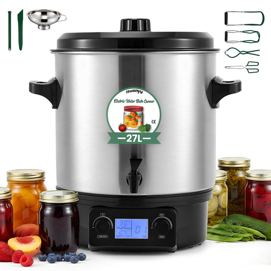 Huanyu Electric Water Bath Canner Automatic 28.5QT Canning Pot 2000w Adjustable Temp&Timer Digital Control with Drain Tap Includes Jar Lifter, Funnel for Preserving Canned Food, Jam, Sauce, Soup