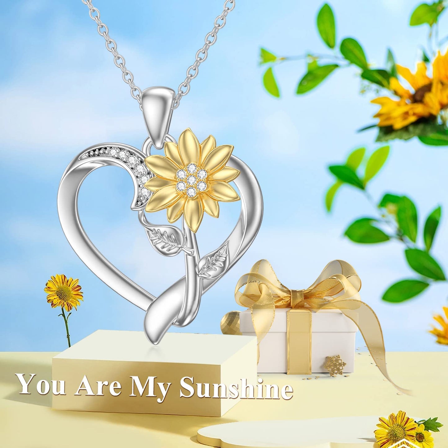ZBA Diamond Sunflower Necklace for Women Sterling Silver Heart Pendant Jewelry, Anniversary Valentines Mothers Day Gifts for Mom Mother Girlfriend Her Sunflower Lover