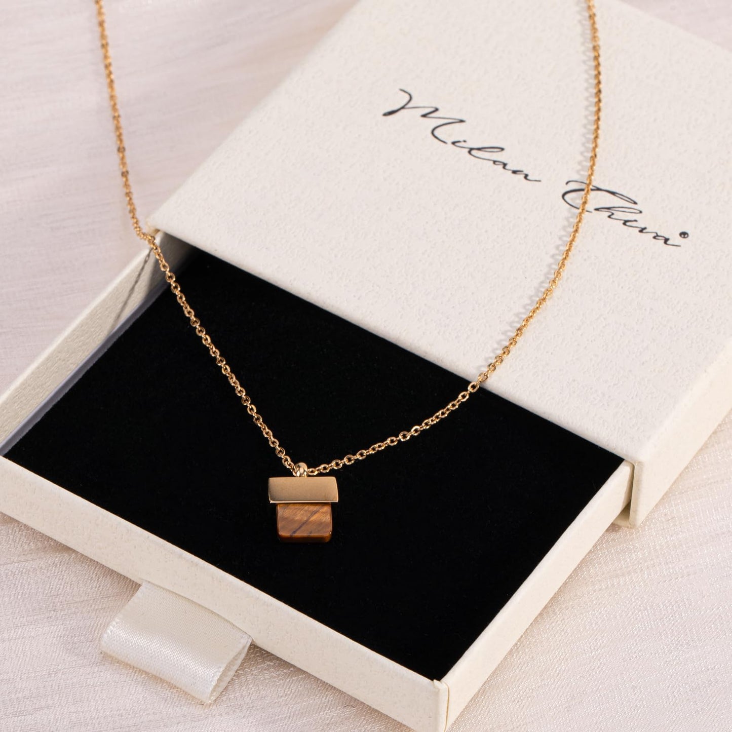 Milan Chiva 14K Gold Plated Brown Tigers Eye Stacked Necklace for Women, Dainty Trendy Non Tarnish Pendant Charm Necklaces Fashion Jewelry for Women Waterproof MNS-1005BR