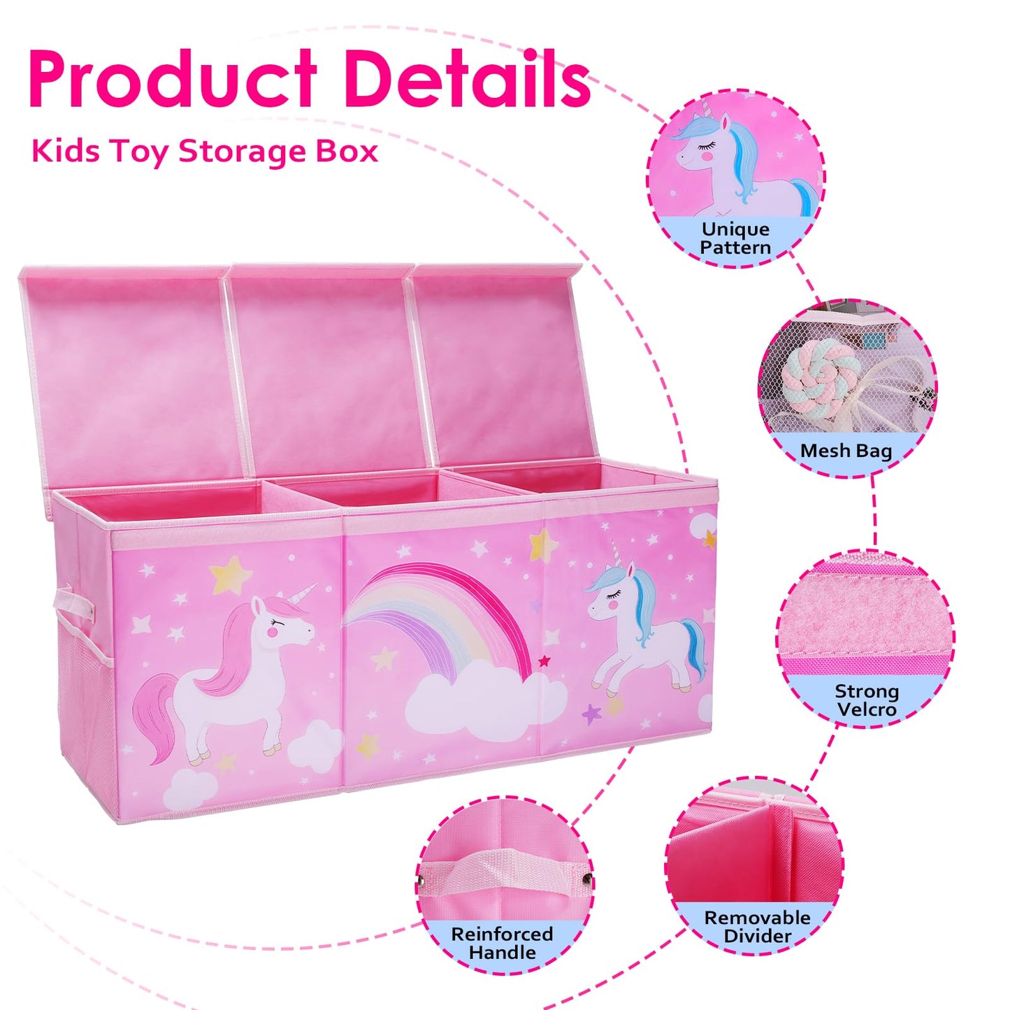 decalsweet Unicorn Extra Large Toy Box Chest with Flip Lid for Kids, Collapsible Oxford Toy Storage Box with Handles Mesh Pockets, Sturdy Waterproof Toy Box for Bedroom Playroom, 37.7×12.5×15.7 Inch
