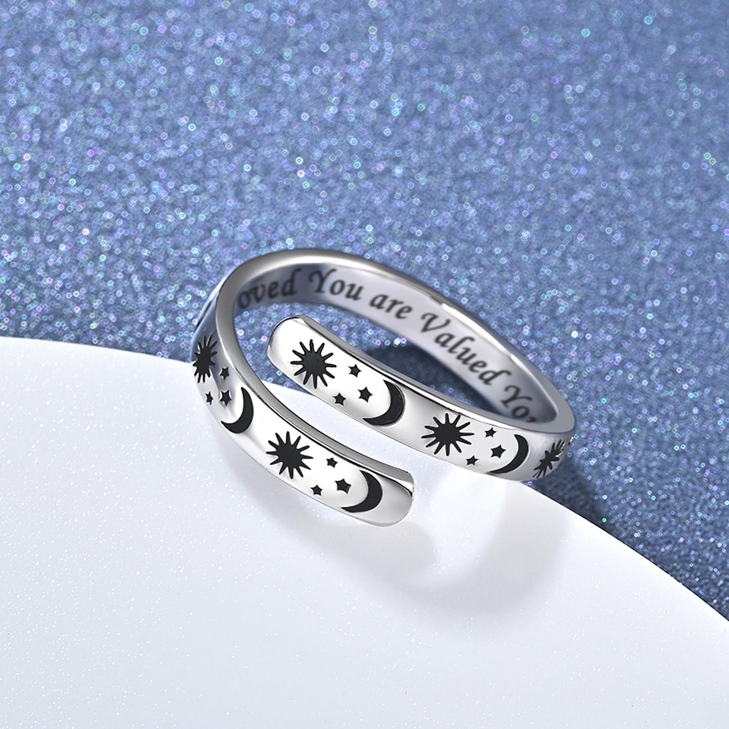 925 Sterling Silver Inspirational Jewelry Adjustable Wrap Open Ring Encouragement Gift for Women (Sun & Moon - You are Loved You are Valued You are Beautiful)