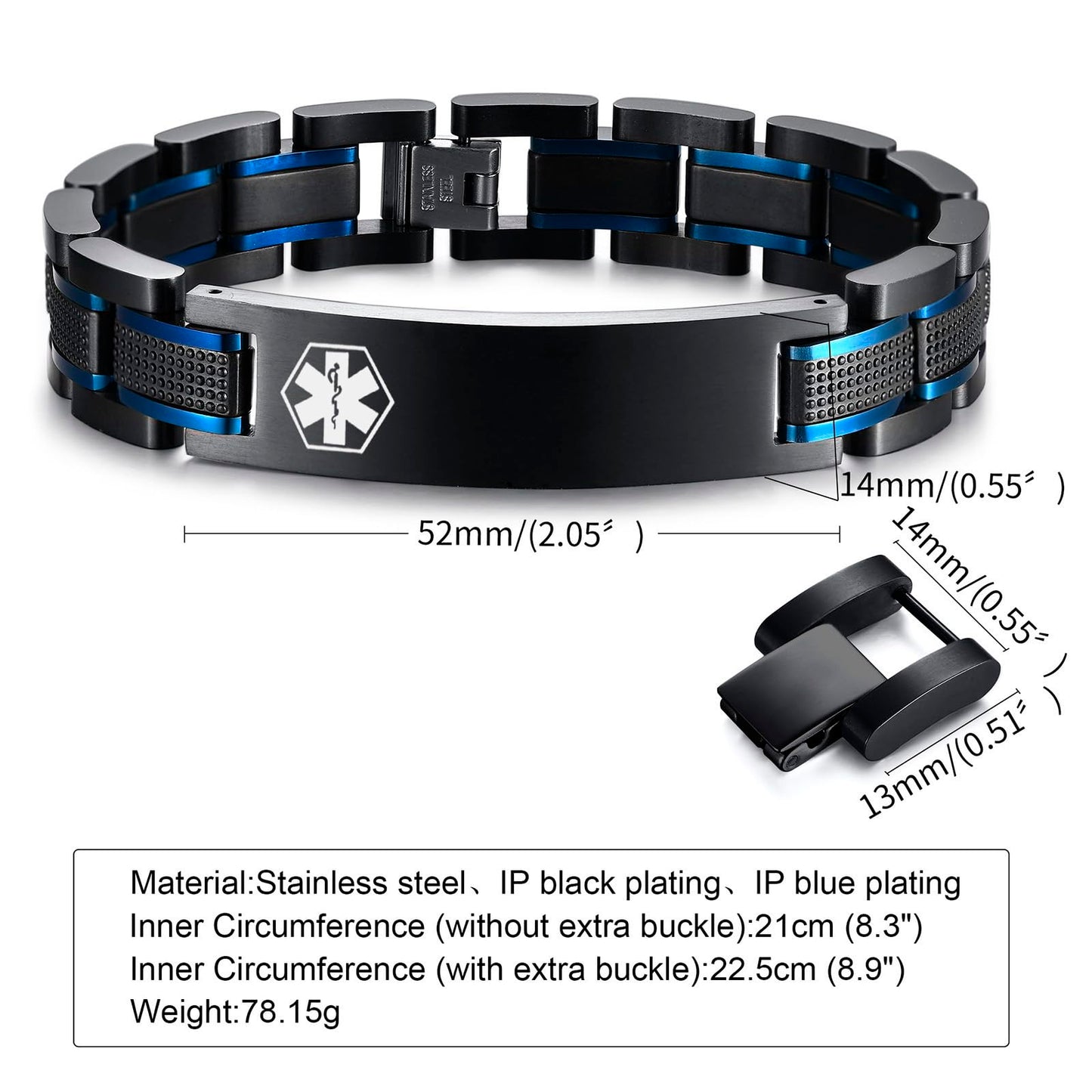 Free Custom Engraving Medical ID Bracelet 2-Tone Blue Black Titanium Steel Masculine Elaborate Men's Medical Alert Bracelet Wristband Jewelry for Dad Husband Customizable & Waterproof