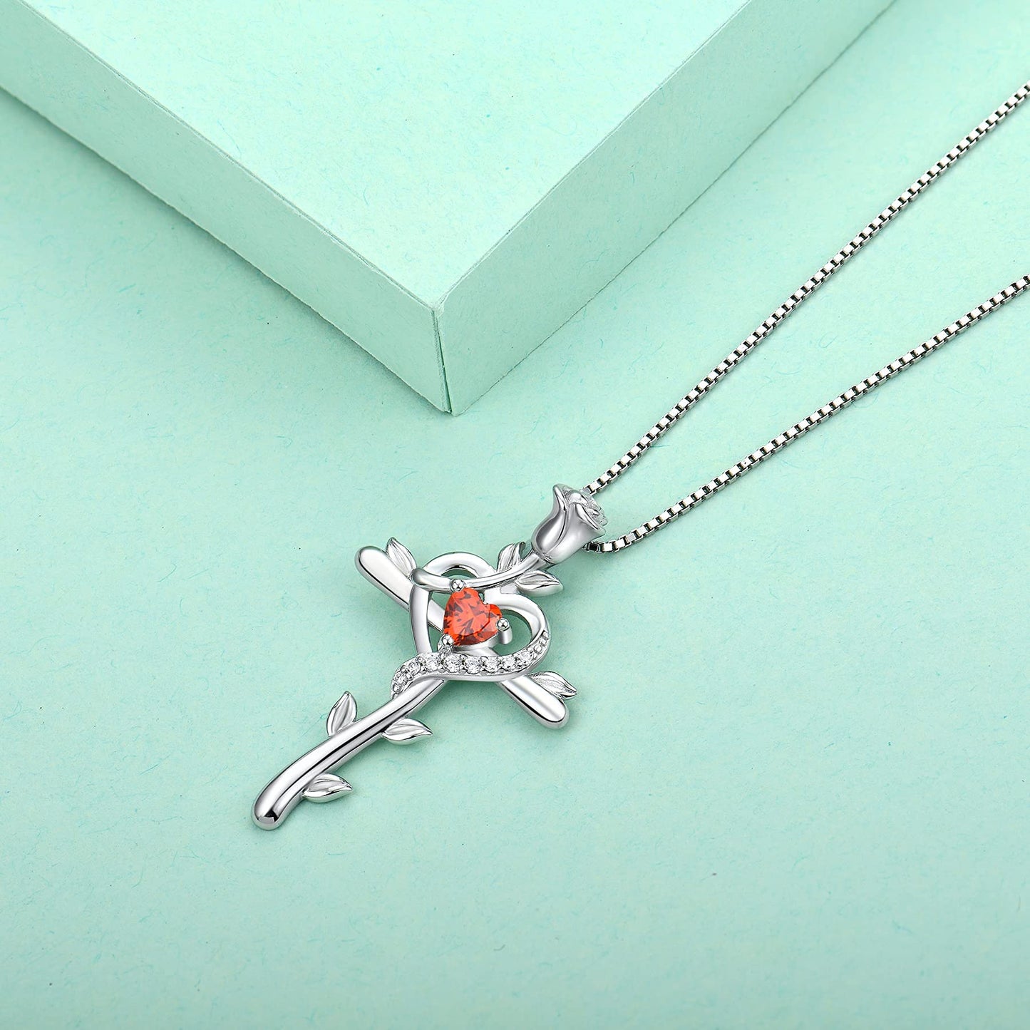 STARCHENIE Rose Cross Necklace 925 Sterling Silver Heart Crucifix Pendant Created Garnet Jewelry for Women