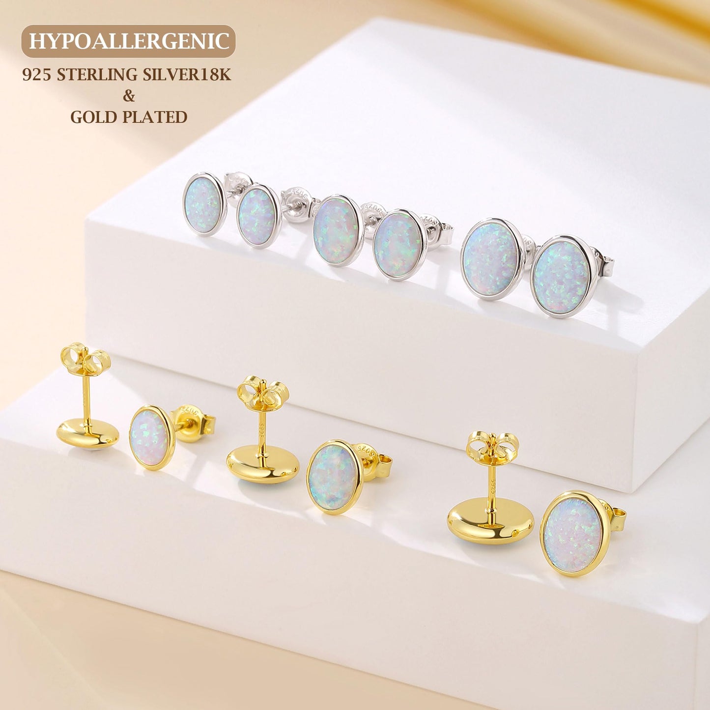 JiayangJY White Fire Opal Stud Earrings for Women 18K Yellow Gold Plated Sterling Silver Oval Shape 6mm Opal Earrings with Push Back
