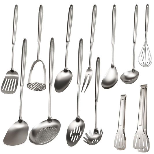 304 Stainless Steel Cooking Utensils Set, 13 PCS Long Large Metal Cooking Utensil Tools Set, Mirror Polished Kitchen Gadget Cookware and Kitchen Tool Set, Dishwasher Safe