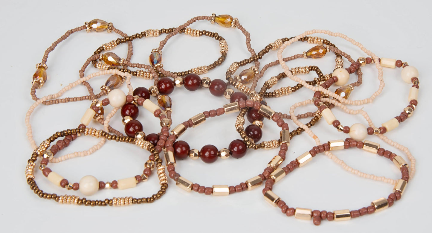 SPUNKYsoul "Naomi Stretch Bracelet Stack | 16 Individual Beaded Stretch Bracelets | Neutral Earth Tone Boho Layered Jewelry Set (Brown & Gold)