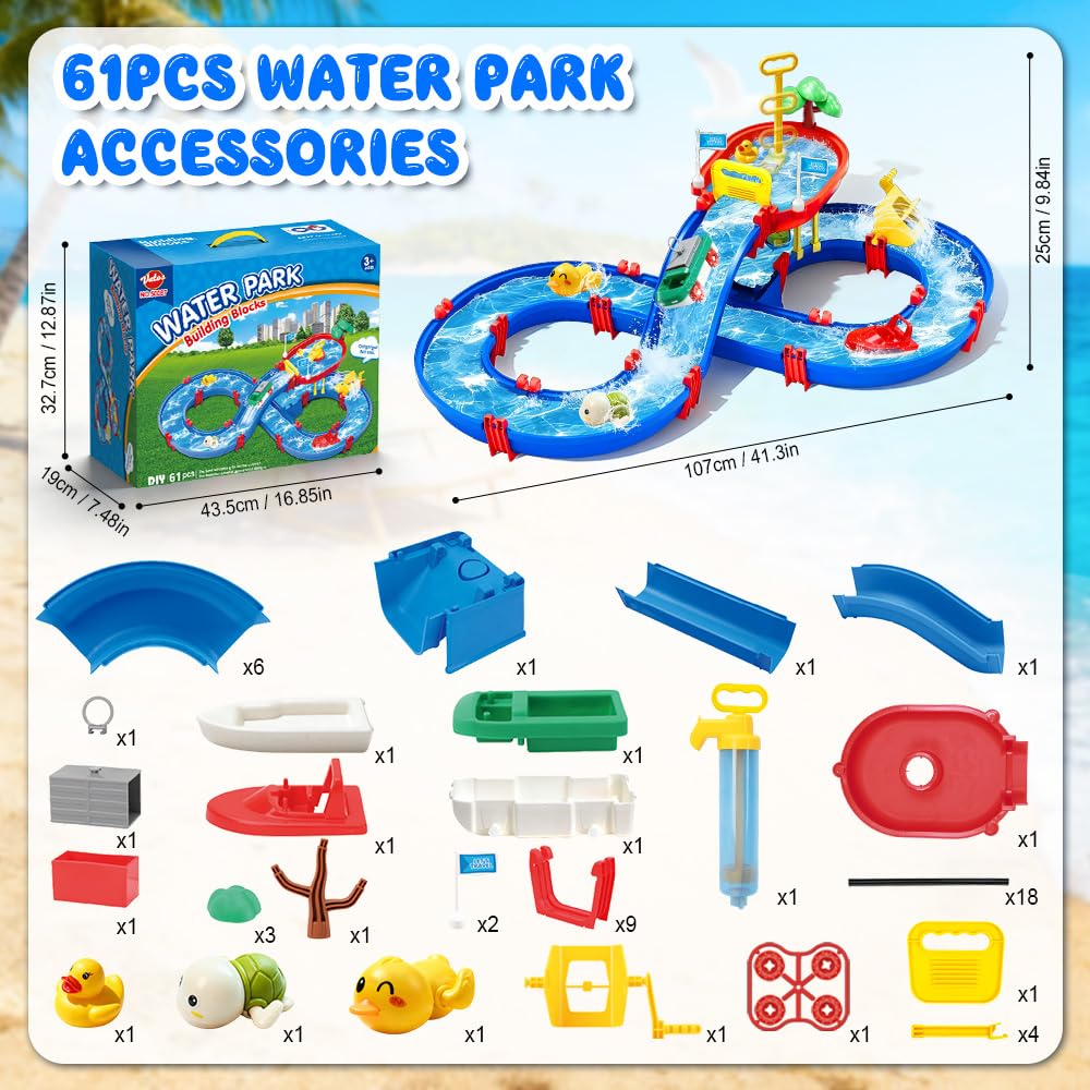 VATOS 2-Tier Outdoor Water Table Toys for Kids, 61PCS DIY Summer Waterways Playset with Pump, Toddler Water Park Toys for Pool Backyard Beach, Sensory Activity Fun Toy Gift for Boys Girls 3-5 4-8