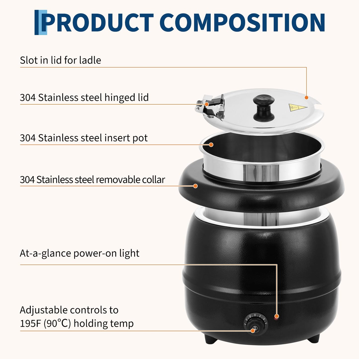 GarveeHome Soup Warmer, 13.7 Quarts Commercial Grade Soup Kettle with Hinged Lid and Detachable Stainless Steel Insert Pot, Food Warmer with Anti-Scald Handle for Restaurants, Buffet, Catering