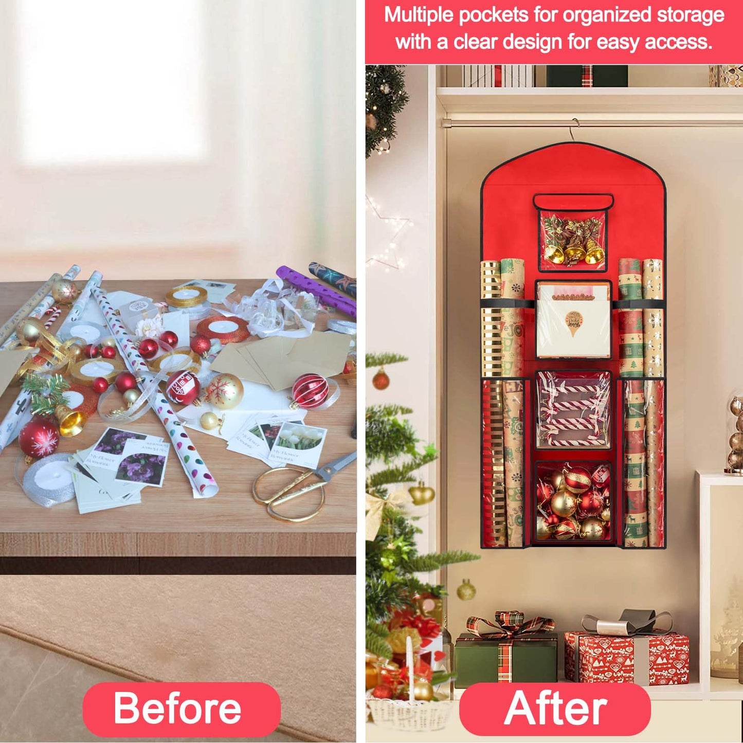 Woodoulogy Hanging Gift Wrapping Paper Storage, 40"X17" Red Double-Sided Christmas Wrapper Bag Container, Oxford Craft Roll Organizer, Present Wrap Holder for Bedroom Closet, Door, Cabinet