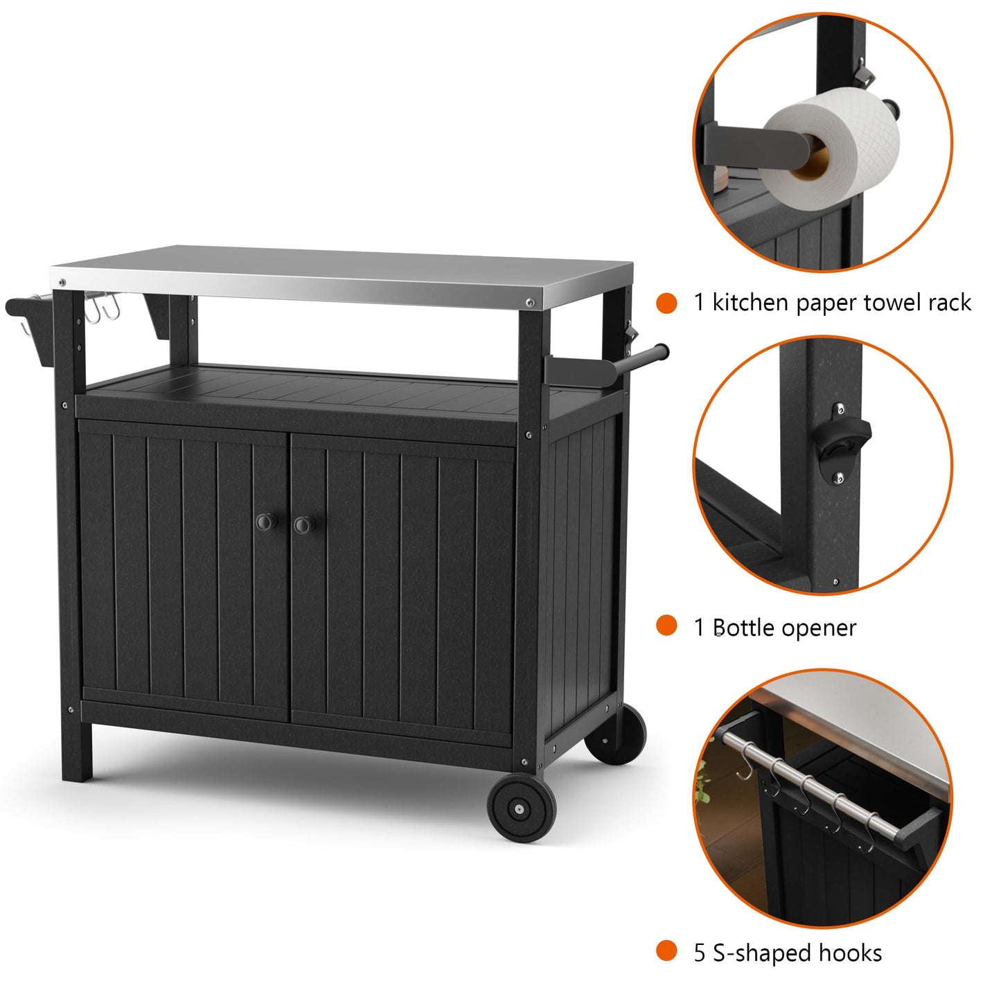 TORVA Portable Outdoor Grill Prep Table with Storage, Waterproof Outdoor Grill Cabinet, Stainless-Steel Tabletop Outdoor Kitchen Island, BBQ Cart with Wheels, Hooks and Side Shelf | Black