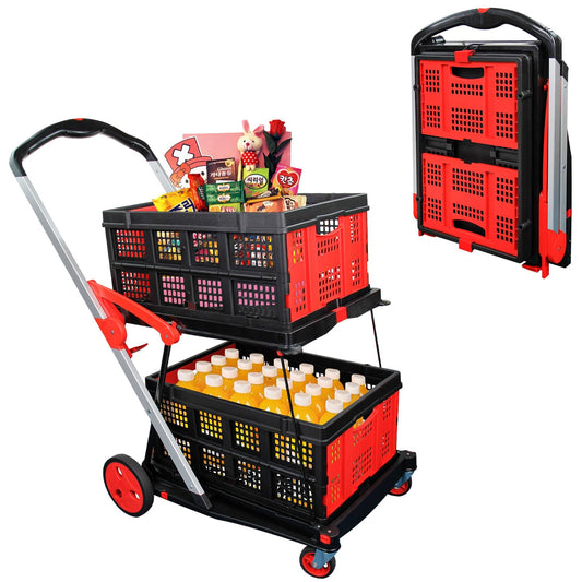 APOXCON Collapsible Shopping Cart with 2 Storage Crates 2-Tier Portable Utility Cart with Swivel Wheels 200lb Capacity Heavy Duty Folding Trolley for Shopping Office Warehouse Catering (Red)