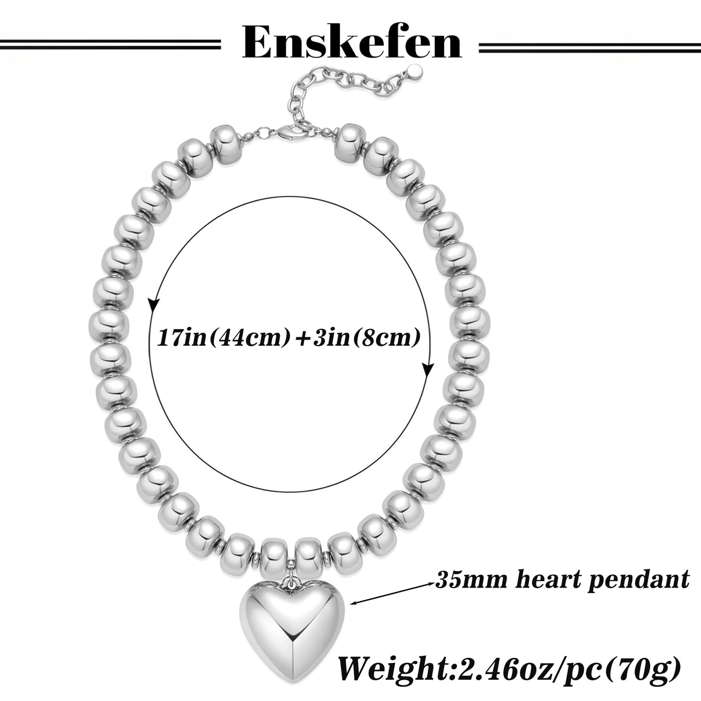 ENSKEFEN Silver Puffy Heart Pendant Necklaces for Women Chunky White-Gold Plated Acrylic Beaded Necklace Adjustable Statement Choker Necklace Fashion Jewelry