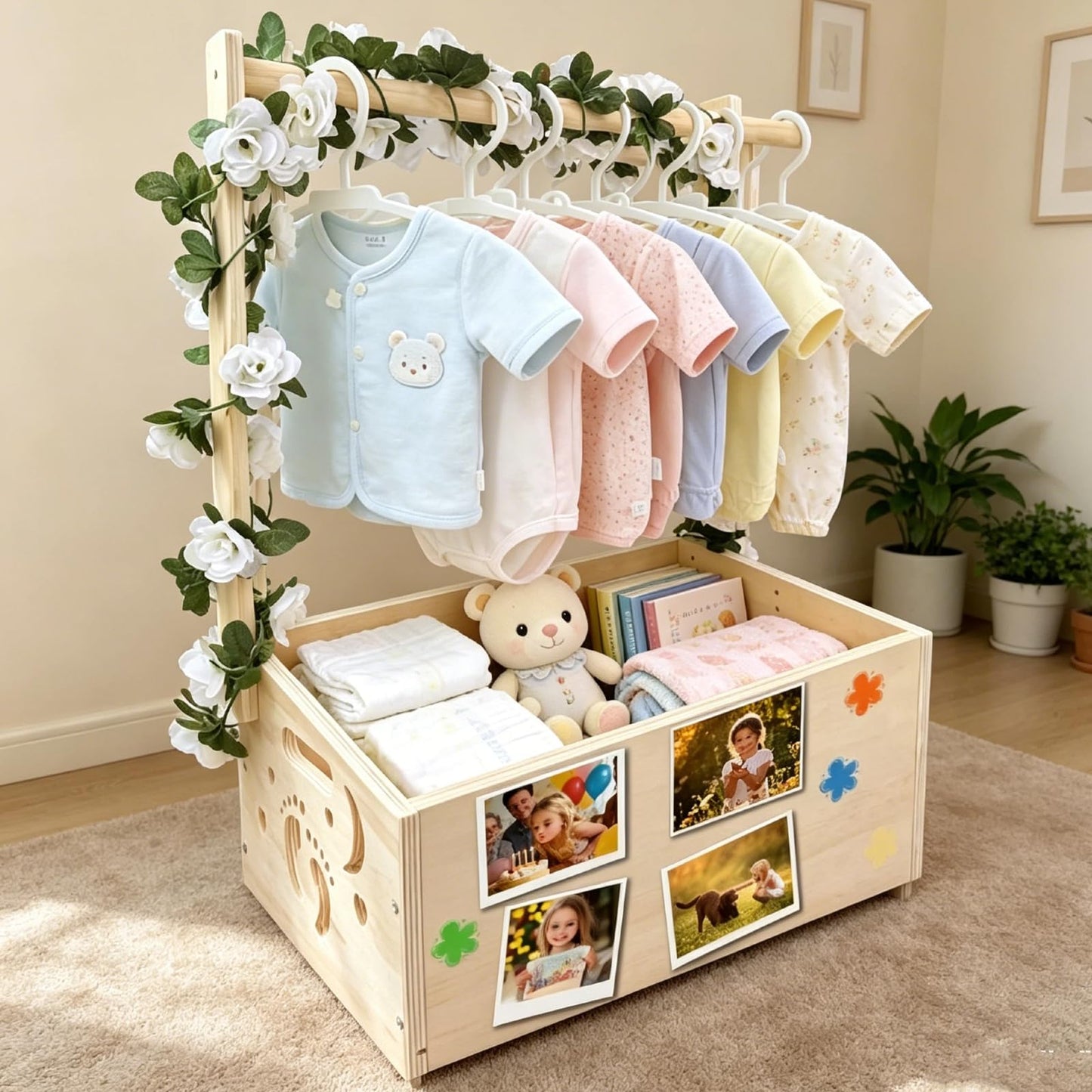 DWETG Wooden Baby Shower Crate – Personalized Baby Gift Basket for Newborn Boy & Girl, Baby Closet Organizer with Handle, Keepsake Storage Box for New Mom & Parents