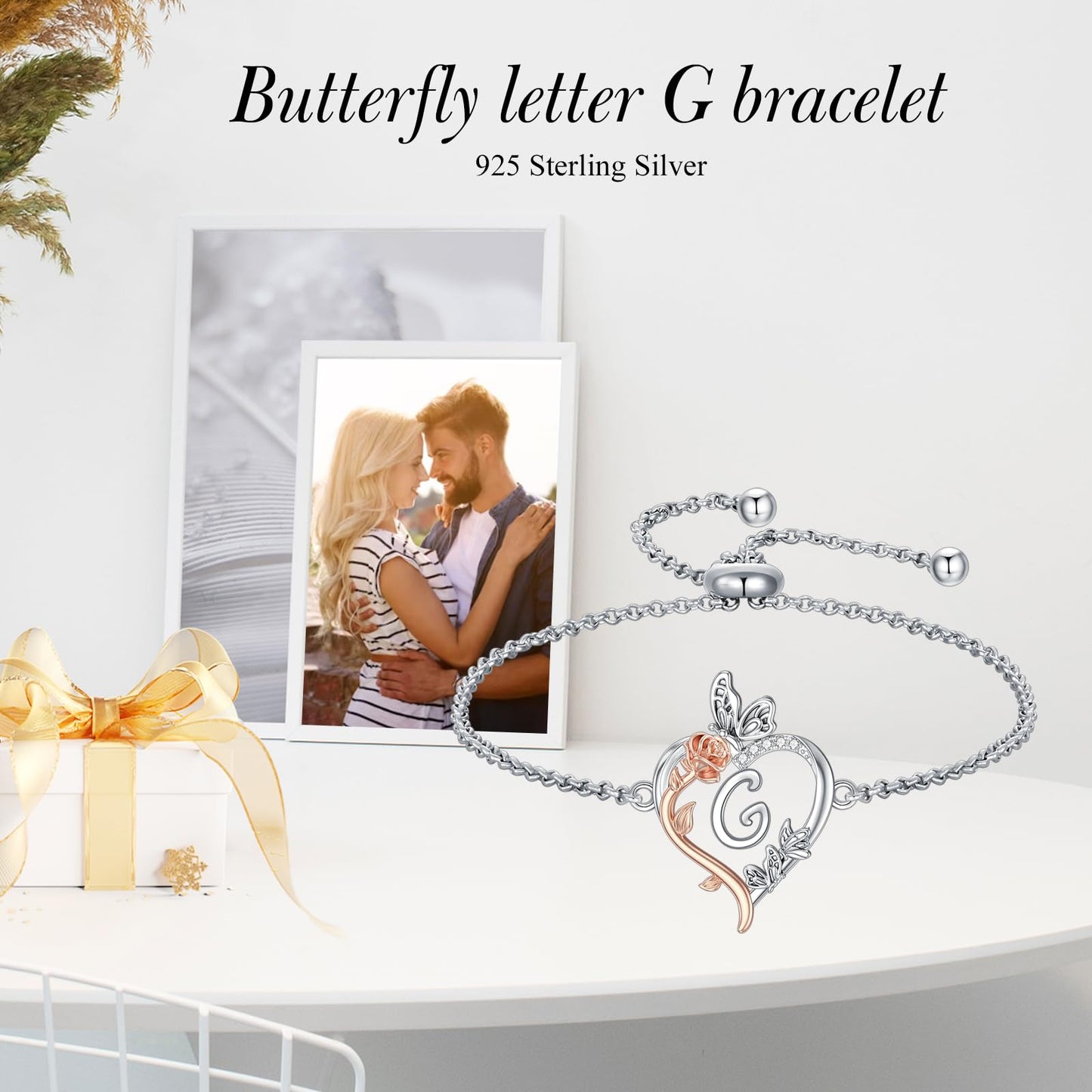 TOUPOP Rose Heart Bracelet for Women Sterling Silver Heart Initial G Letter Bracelet Butterfly Love Jewelry Anniversary Birthday Mothers Day Gifts for Mom Wife Her Girlfriend