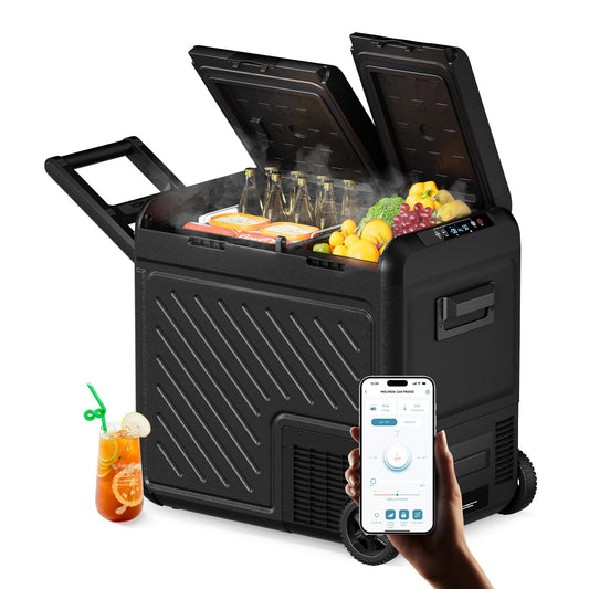 WOLFBOX 12V Car Refrigerator, 58 Quart Dual Zone Car Fridge, Portable Freezer(-8℉~68℉) with 12/24V DC 100/240V AC, APP Control Electric Cooler for Car, RV, Camping, Travel and Home Use