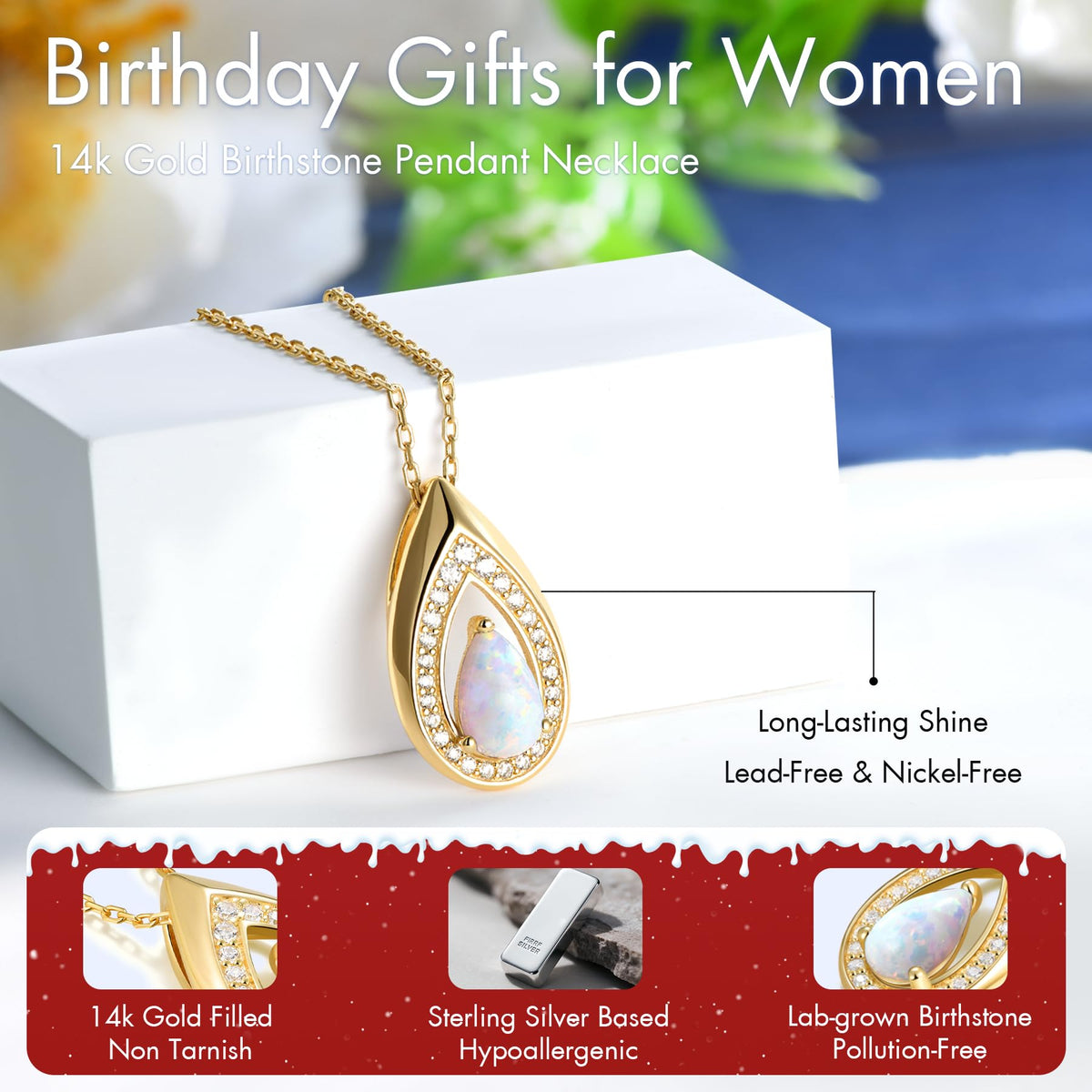 Kstyle 14k Gold Opal October Birthstone Pendant Necklaces for Women Valentine's Day Birthday Gift Anniversary Jewelry for Wife Daughter Grandma Mom Sister Non Tarnish