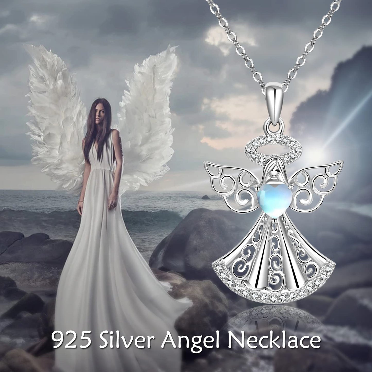 YAFEINI Guardian Angel Necklace 925 Sterling Silver Moonstone Angel Pendant Mother's Day Jewelry for Women Mom