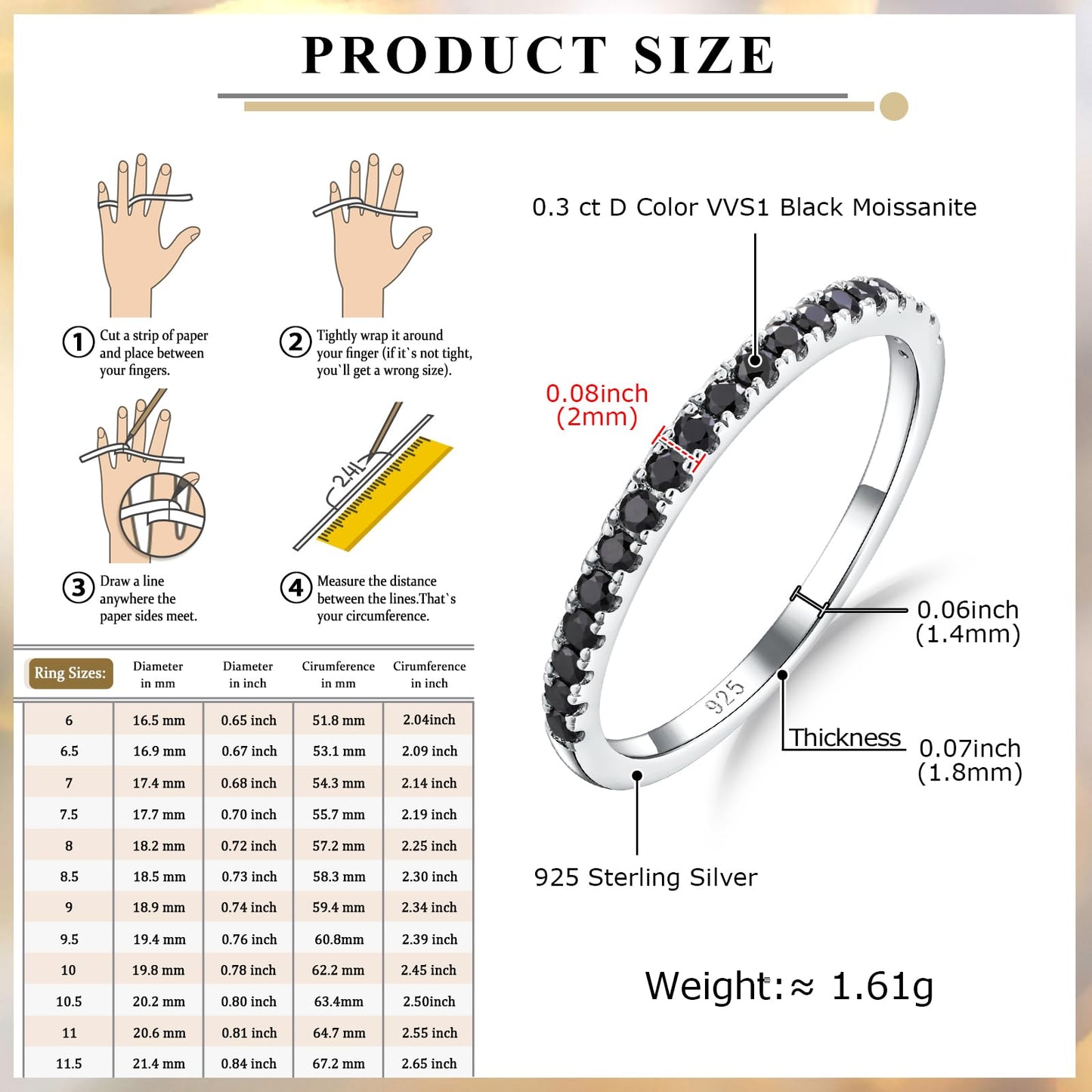 Black Moissanite Ring Men Women Created Diamond Wedding Rings Half Eternity Band Rings 0.25 Cttw Stackable Ring Size 8