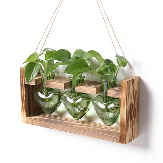 Plant Terrarium Propagation Stations Hydroponics Home Garden Decoration Gift for Women with Wooden Stand Heart Shaped Colored Glass Vase