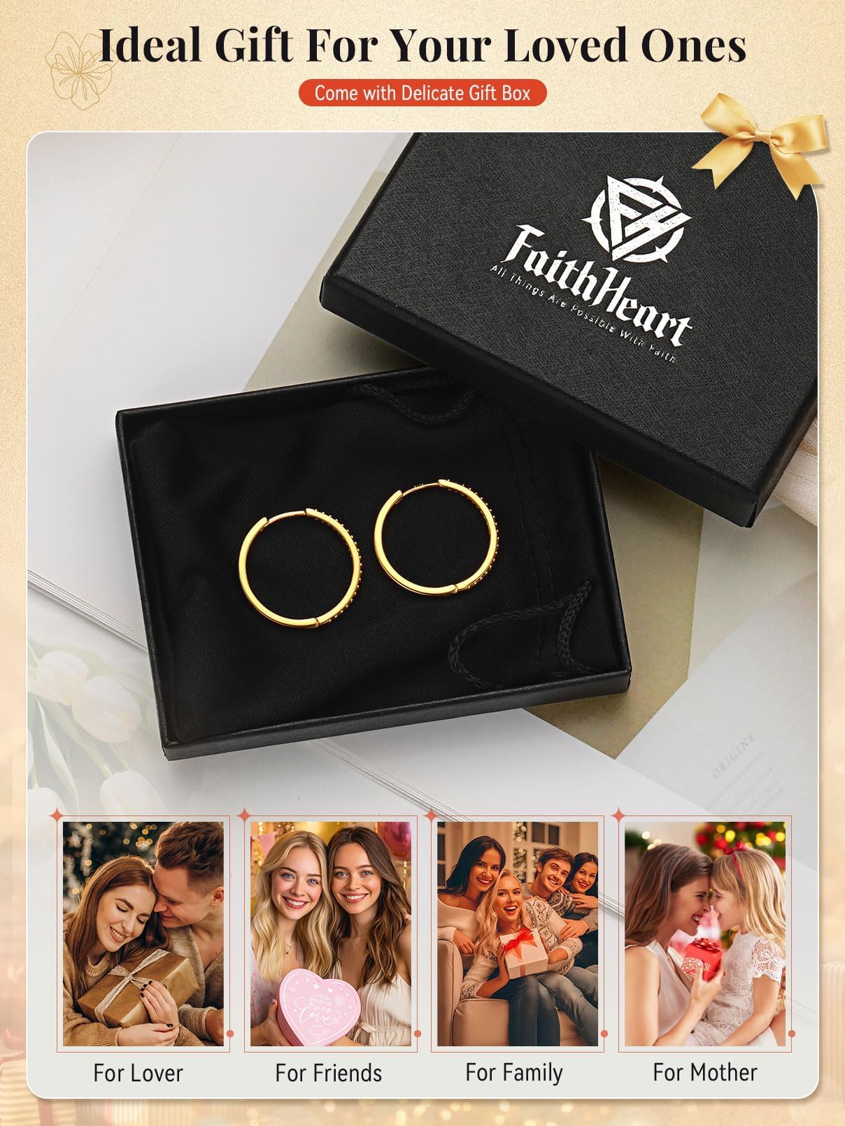 FaithHeart Cubic Zirconia Hoop Earrings for Women, 14K Gold Hypoallergenic Huggie Hoop Earrings, Small Cartilage Earrings for Women 18mm, Send Gift Box