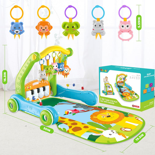 4-in-1 Baby Gym Play Mat with Learning Walker, Tummy Time Mat & Baby Push Toys for Newborn Infant 0-3-6-9-12 Month Boy Girl, Babies Activity Center with Play Piano & Lights, Ideal Toddler Baby Gifts