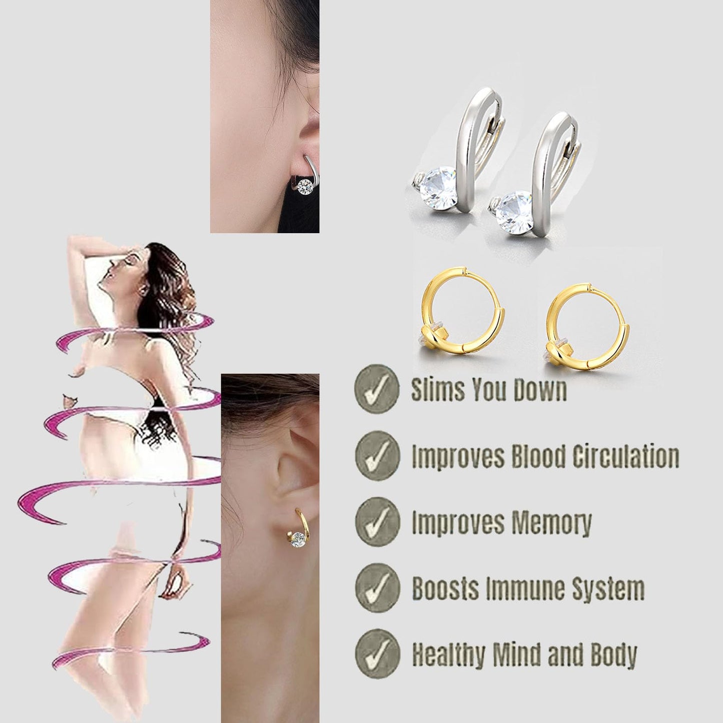 2 Pairs Halolux Lymphvity Germanium Earrings, Halolux Lymphvity Drainage Cubic Zirconia Earrings Lymphati Activity Hoop Earrings for Women Lymphvity Therapy Earring Jewelry (White)