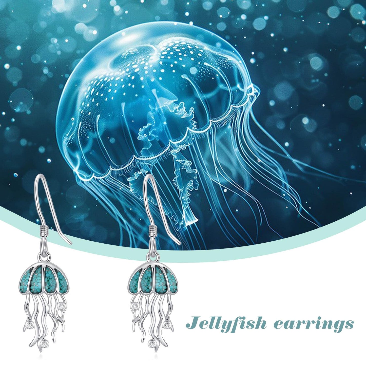 HPQQ Jellyfish Earrings 925 Sterling Silver Turquoise Jellyfish Dangle Earrings Ocean Beach Themed Jewelry Mother's Day Jewelry Gifts for Women