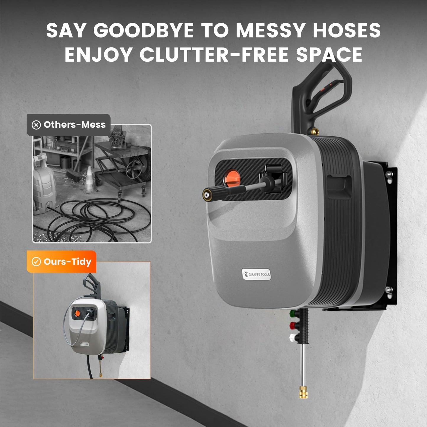 Giraffe Tools Grandfalls Retractable Pressure Washer G20, 2500 PSI 2.2 GPM, Wall Mounted with 65FT Hose Reel, 4 Nozzles for Floor/Cars/Fences/Patios, Light Silver Case with Grey Pressure Hoses