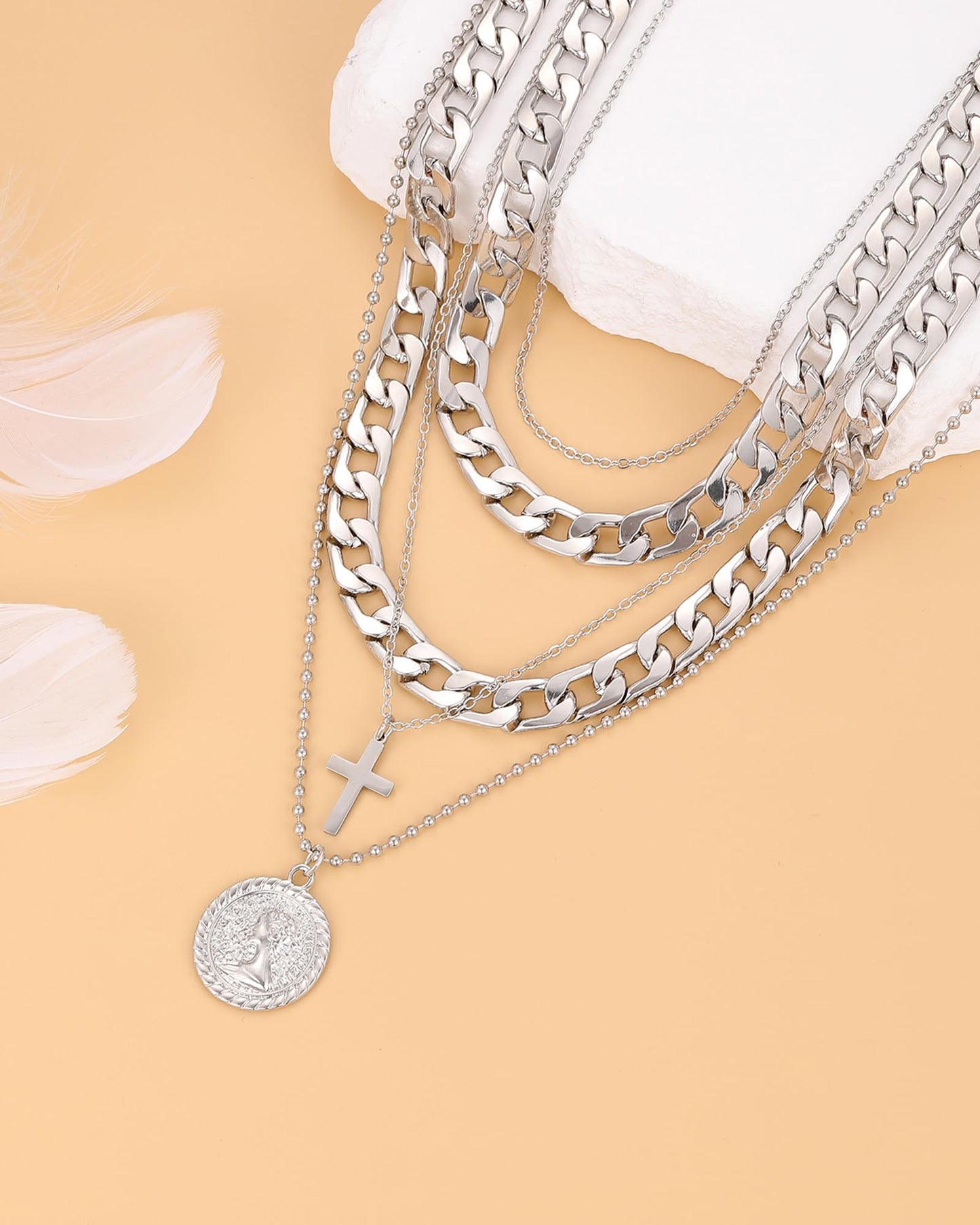 MJartoria Gold Layered Necklaces for Women Trendy Retro Coin Pendant Necklace Dainty Chunky Chain Choker Necklaces for Jewelry Birthday Gifts (Silver, A-Y-Retro Coin-Cross-5 in 1 Layered)