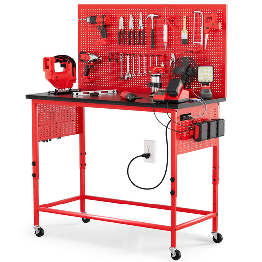 Ferreteriai 47" Heavy Duty Workbench with Power Outlet & USB-C, Exclusive Red Side Battery Holder, Adjustable Height, 2100LB Capacity, Locking Wheels, Pegboard for Garage, Workshop, and Home Use