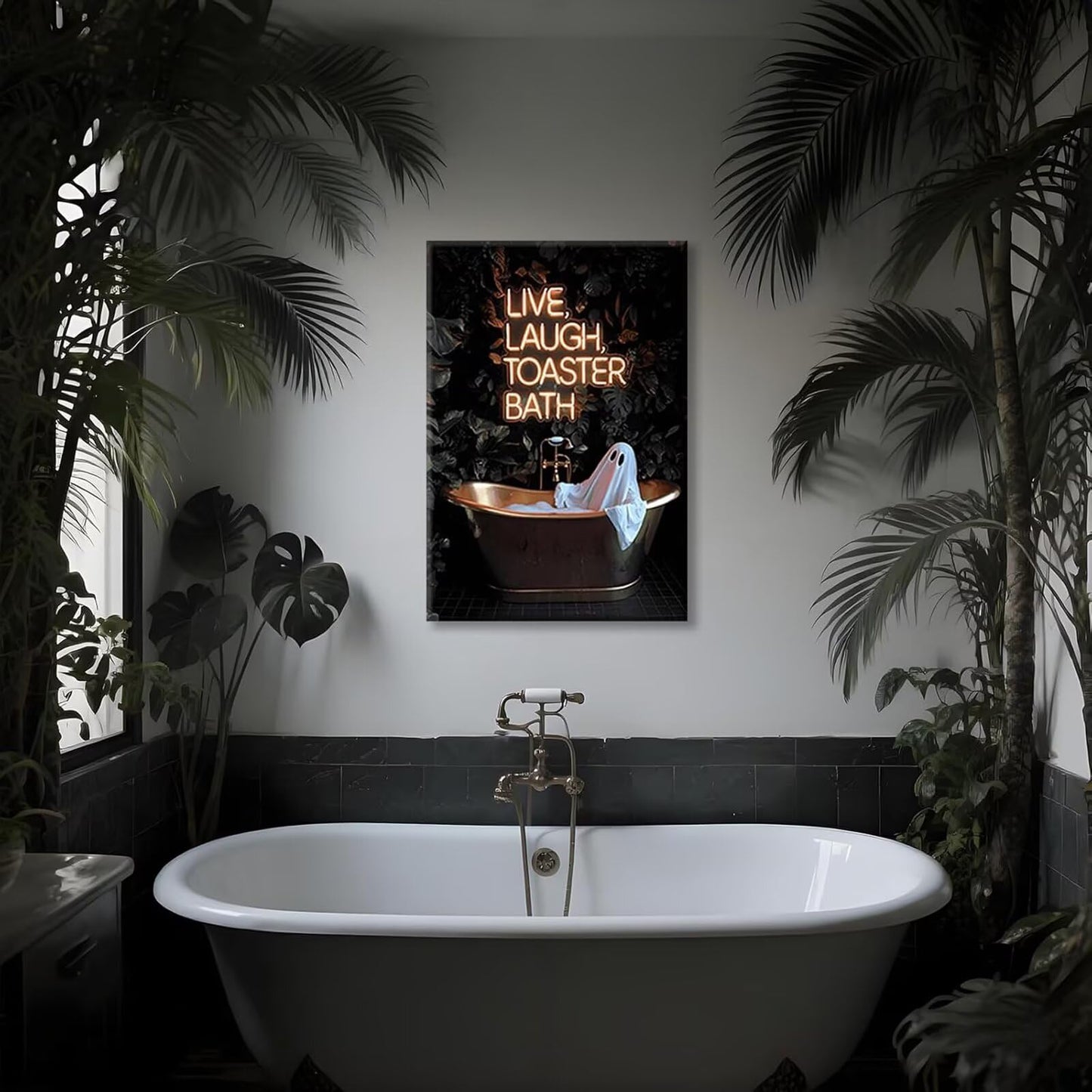 Live Laugh Toaster Bath Neon Poster Spooky Cute Ghost In Bathtub Wall Art Funny Halloween Gothic Dark Academia Canvas Print Vintage Quirky Painting Home Artwork Aesthetic 12x16inch Unframed