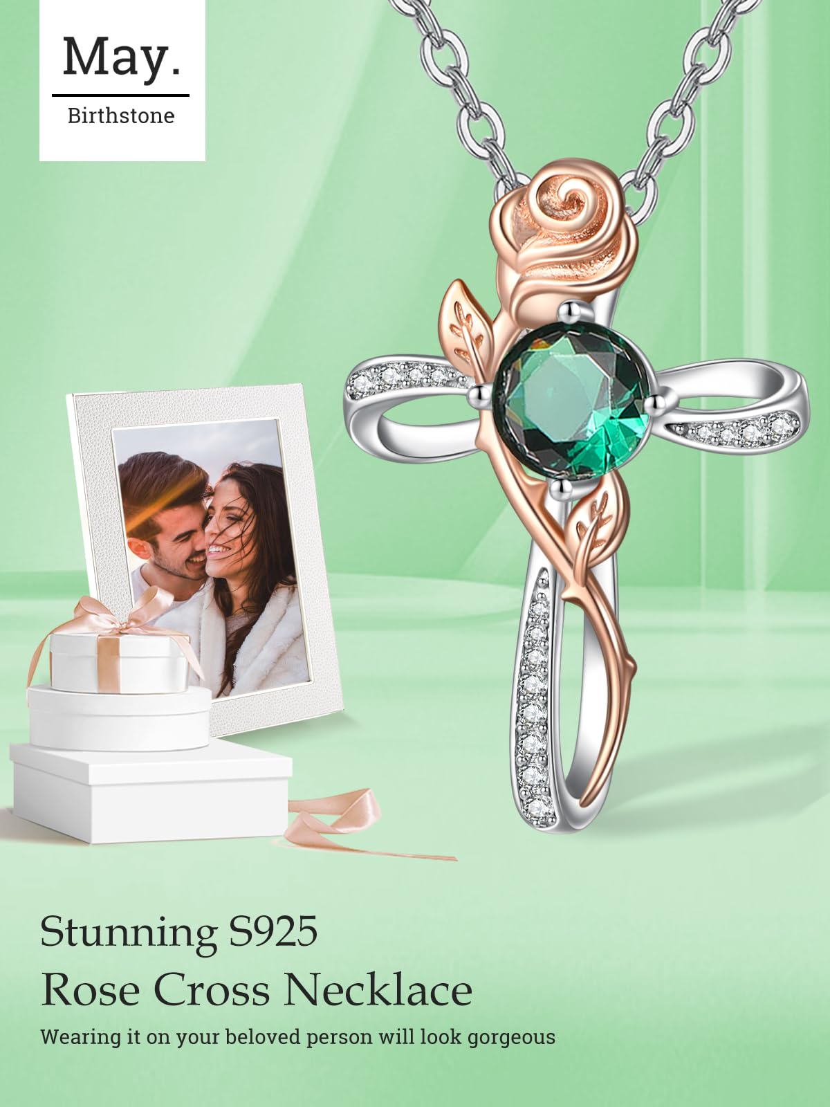 Zeuslia Cross Necklace for Women Sterling Silver Cross Pendant Jewelry with Rose Emerald May Birthstone Necklace Christian Religious Baptism First Communion Confirmation Birthday Gifts for Women